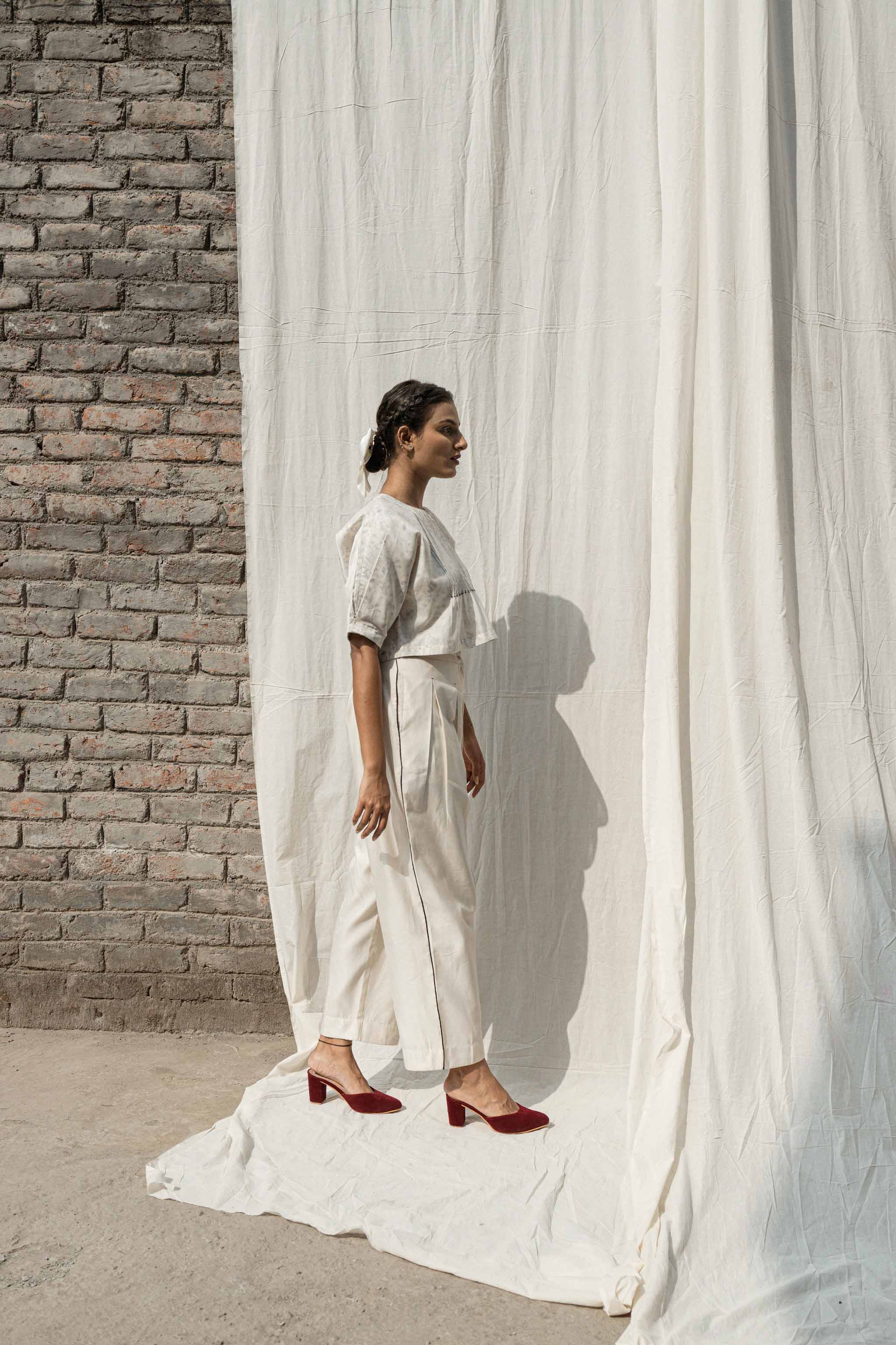 White Classic Pants by Ahmev with Casual Wear, Chanderi, Ink And Ivory by Ahmev, Pants, Prints, Relaxed Fit, White, Womenswear at Kamakhyaa for sustainable fashion