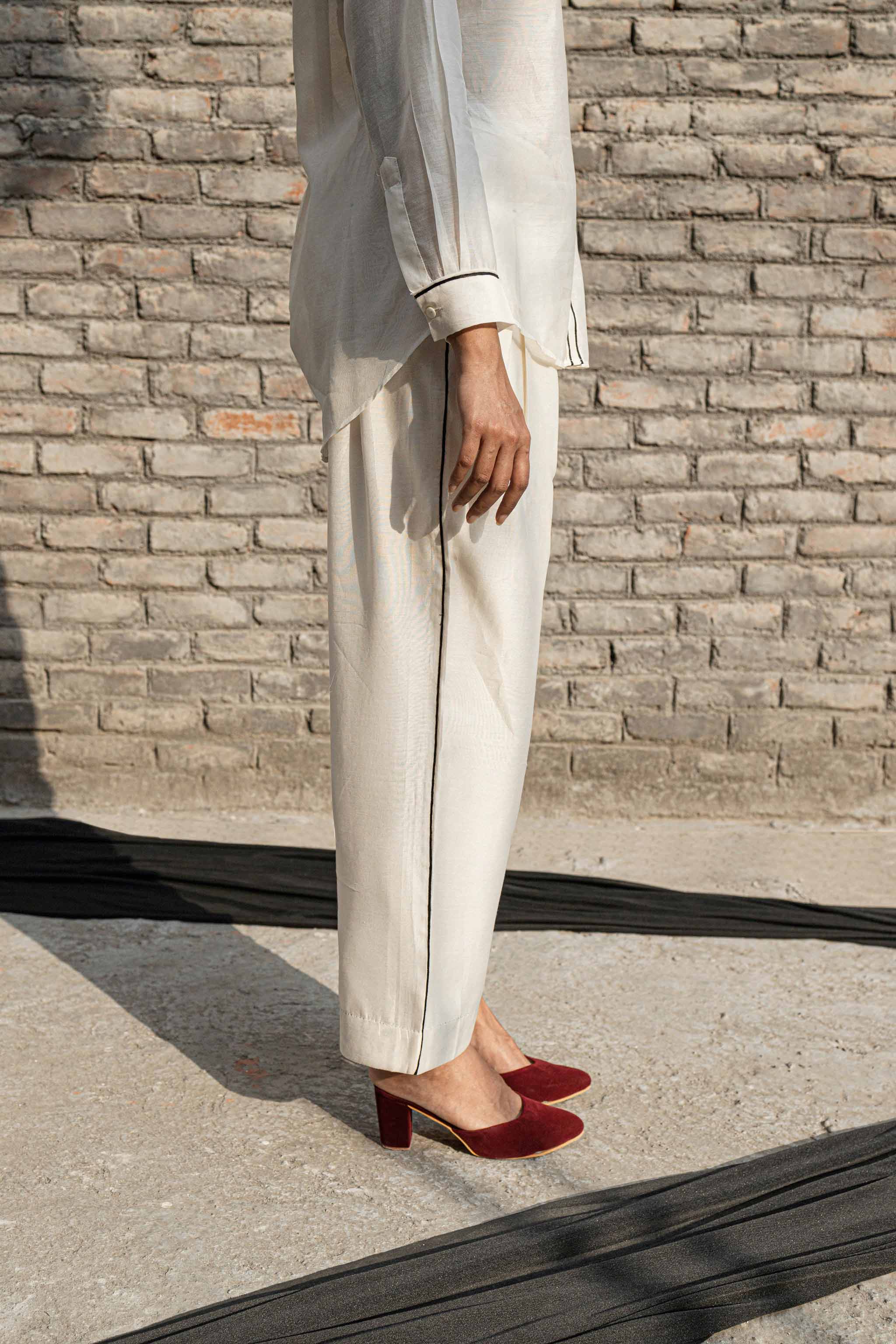 White Classic Pants by Ahmev with Casual Wear, Chanderi, Ink And Ivory by Ahmev, Pants, Prints, Relaxed Fit, White, Womenswear at Kamakhyaa for sustainable fashion