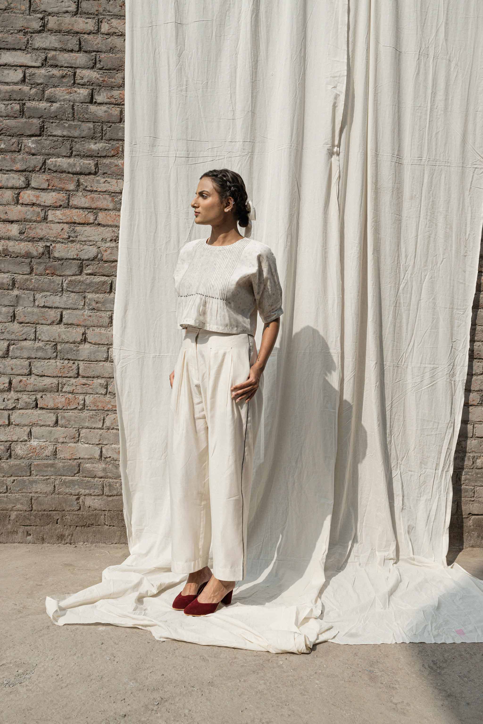 White Classic Pants by Ahmev with Casual Wear, Chanderi, Ink And Ivory by Ahmev, Pants, Prints, Relaxed Fit, White, Womenswear at Kamakhyaa for sustainable fashion