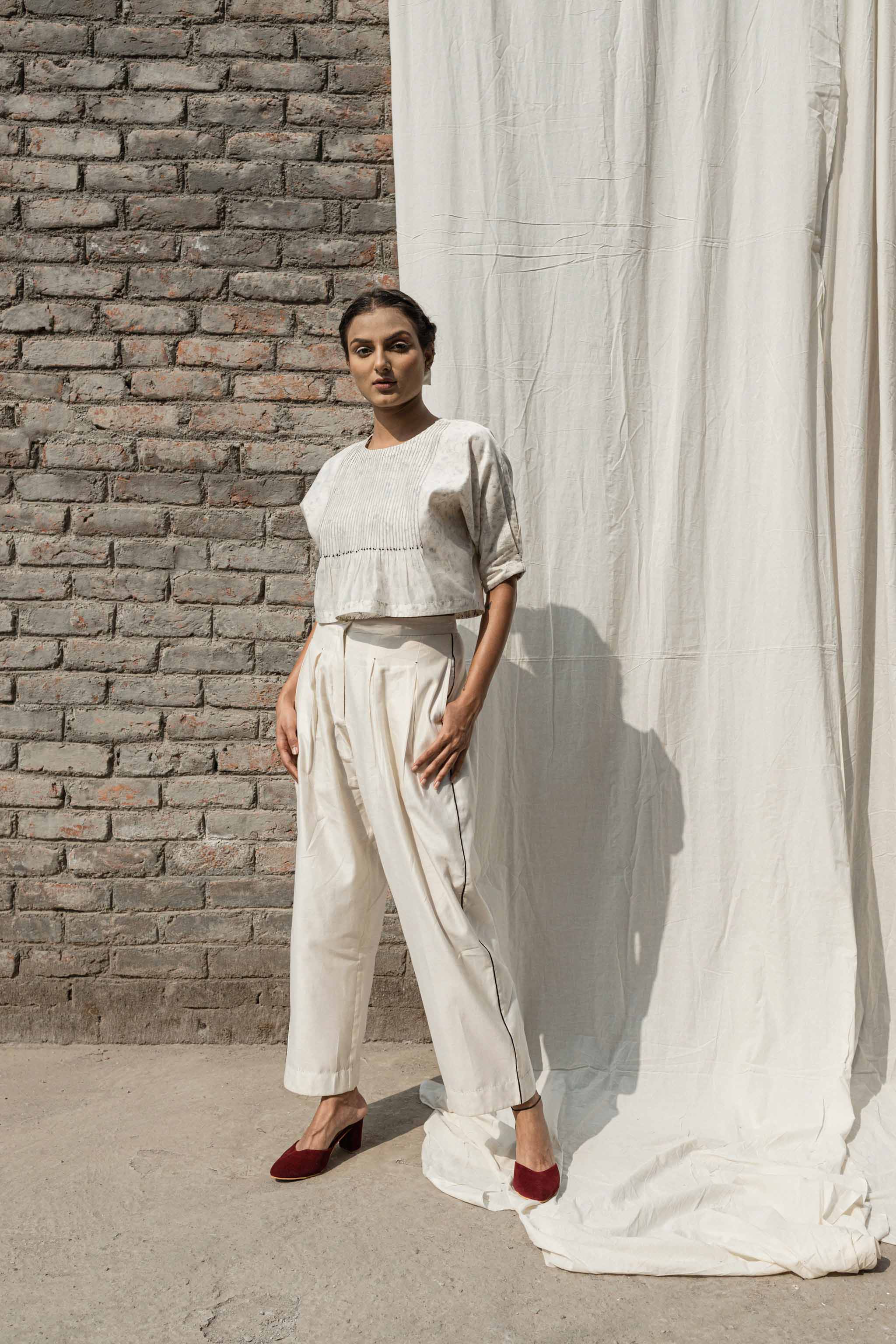 White Classic Pants by Ahmev with Casual Wear, Chanderi, Ink And Ivory by Ahmev, Pants, Prints, Relaxed Fit, White, Womenswear at Kamakhyaa for sustainable fashion