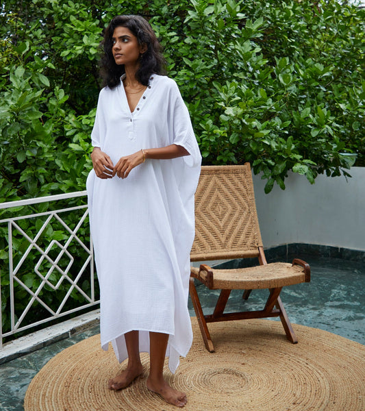 White Cotton Kaftan by Khara Kapas with Cotton, Kaftans, Lounge Wear, Lounge wear by Khara Kapas, Maxi Dresses, Natural, Relaxed Fit, Solids, White, Womenswear at Kamakhyaa for sustainable fashion