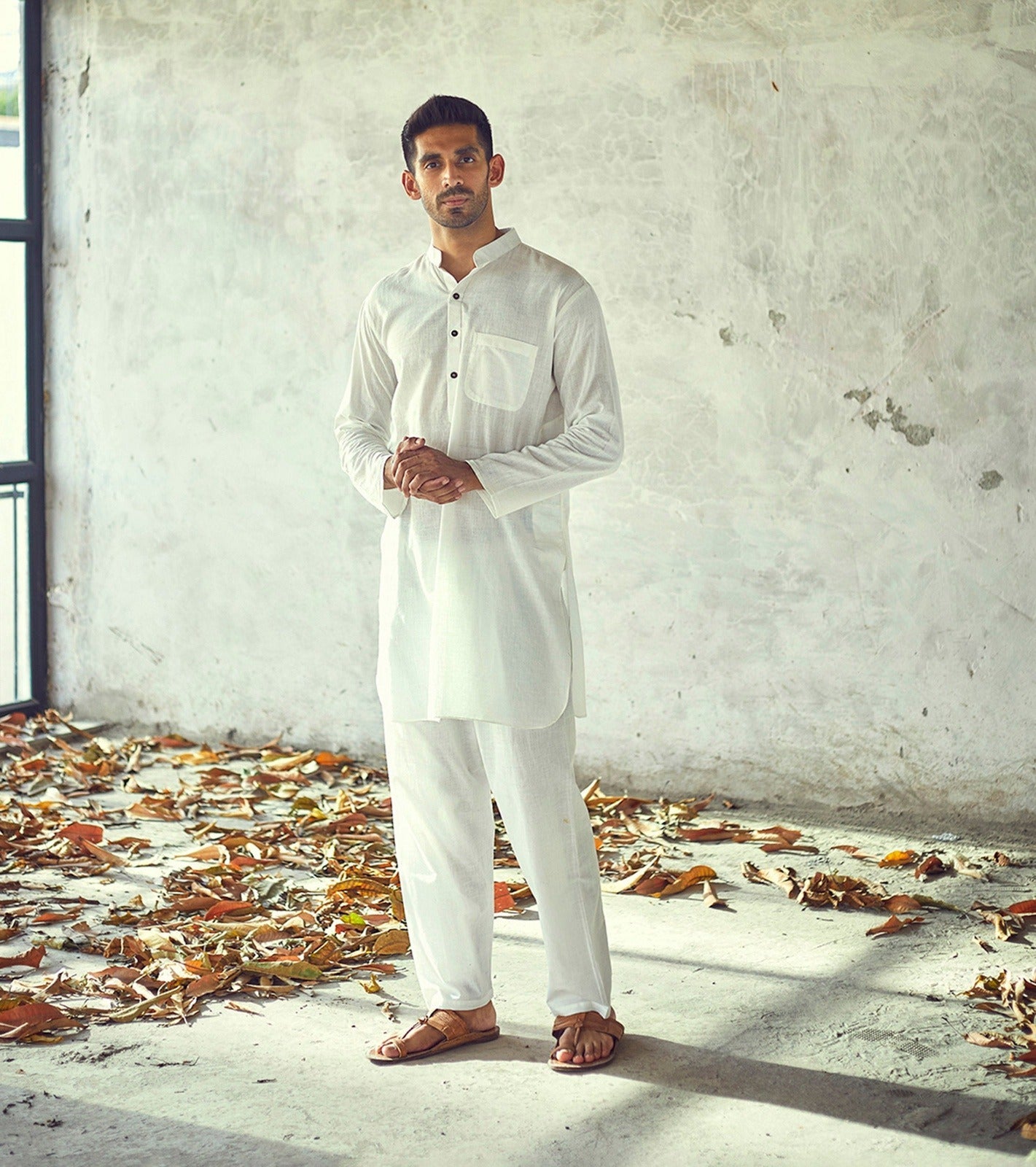 White Cotton Kurta Pyjama set by Khara Kapas with Casual Wear, Cotton, Kurta Pant Sets, Mens Co-ords, Natural, New, Regular Fit, Solids, White at Kamakhyaa for sustainable fashion