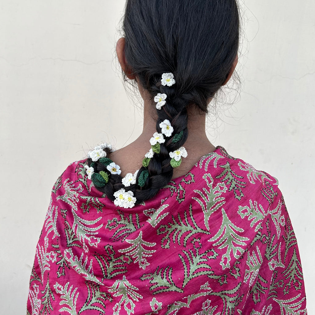 White Crochet Hair Parandi by Ikriit'm with Cotton yarn, Crochet, Free Size, Ikriit'm, Made from Natural Materials, Stainless Steel, White, Women Led Designer at Kamakhyaa for sustainable fashion