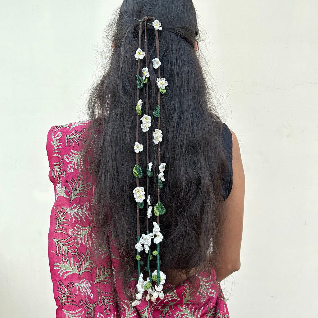 White Crochet Hair Parandi by Ikriit'm with Cotton yarn, Crochet, Free Size, Ikriit'm, Made from Natural Materials, Stainless Steel, White, Women Led Designer at Kamakhyaa for sustainable fashion