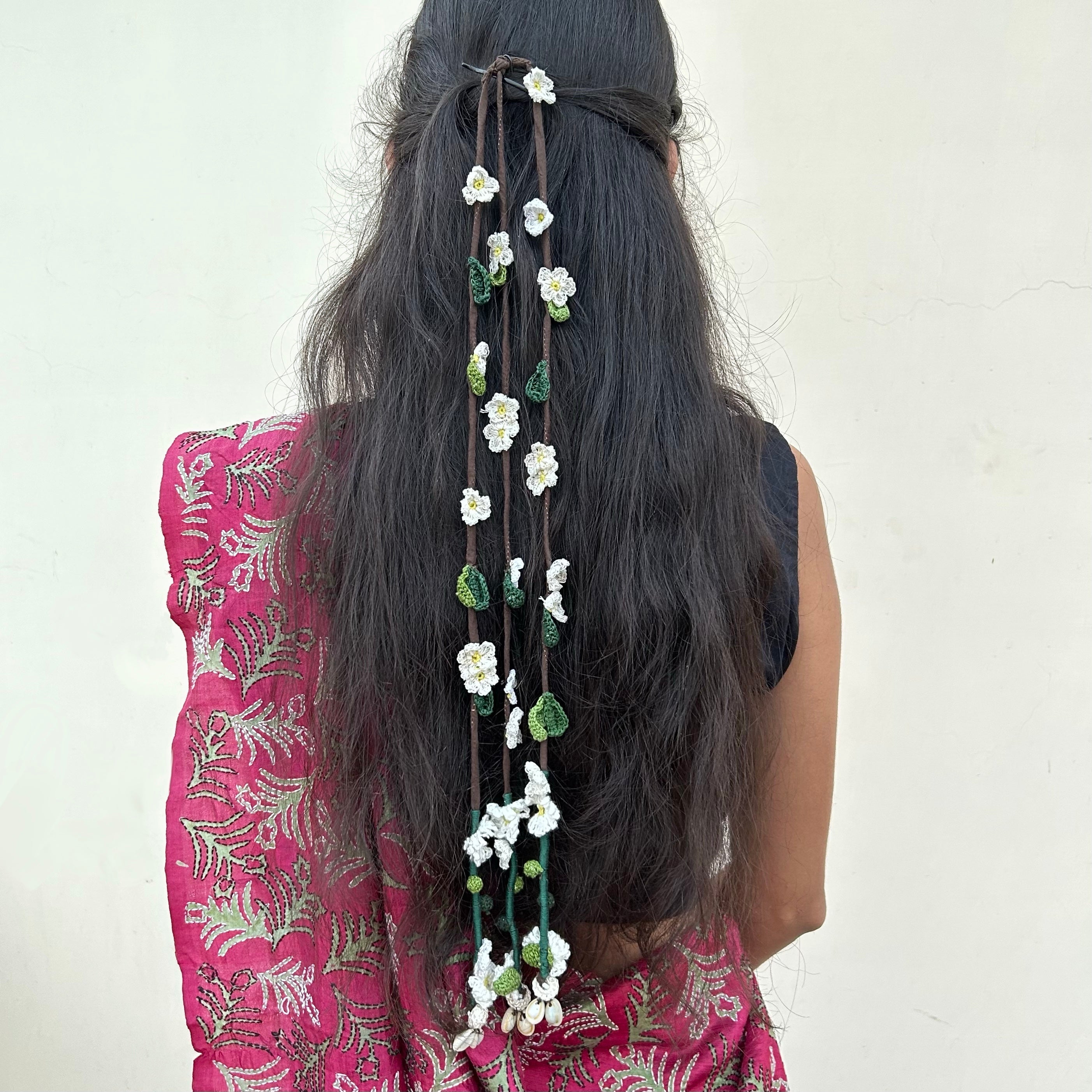 White Crochet Hair Parandi by Ikriit'm with Cotton yarn, Crochet, Free Size, Ikriit'm, Made from Natural Materials, Stainless Steel, White, Women Led Designer at Kamakhyaa for sustainable fashion