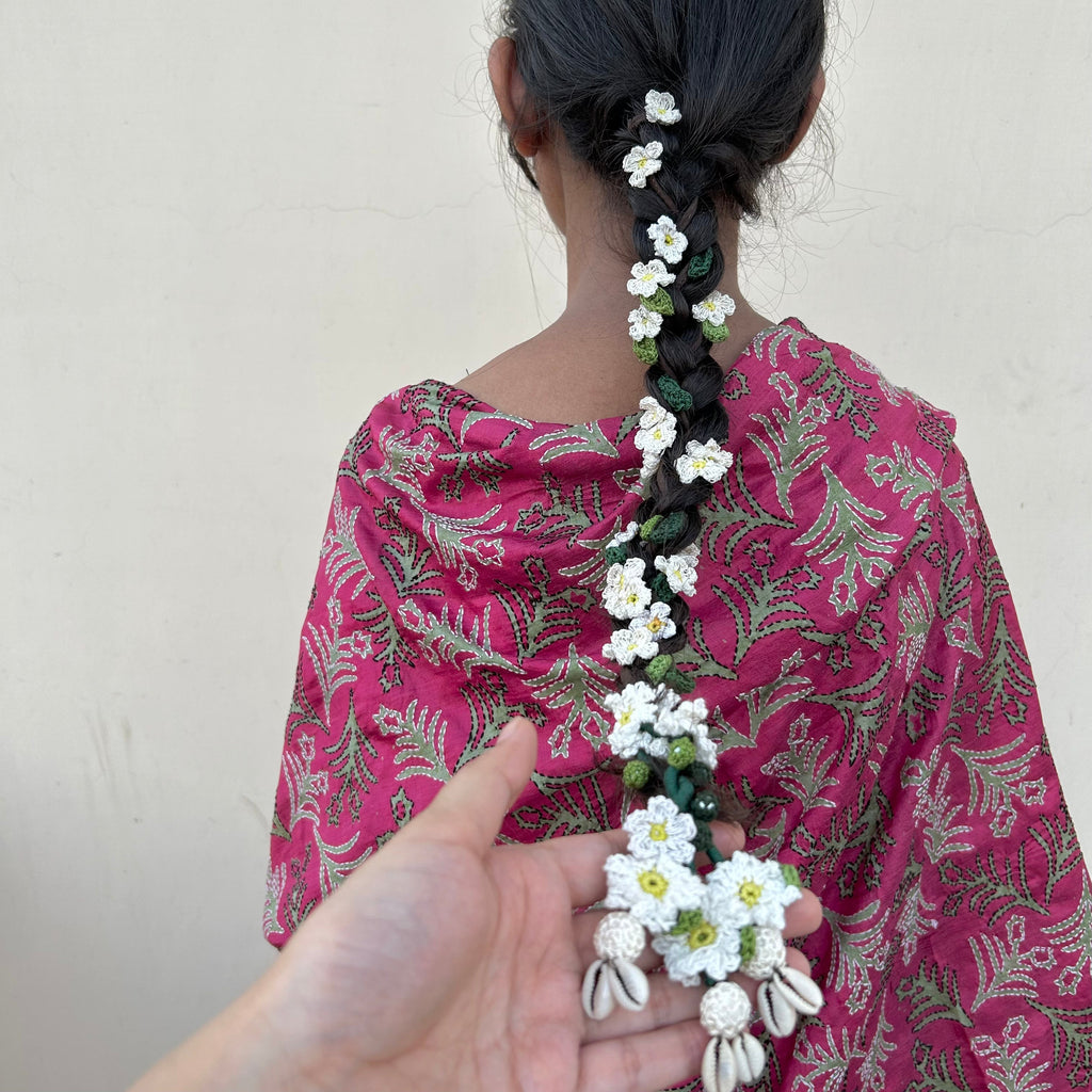 White Crochet Hair Parandi by Ikriit'm with Cotton yarn, Crochet, Free Size, Ikriit'm, Made from Natural Materials, Stainless Steel, White, Women Led Designer at Kamakhyaa for sustainable fashion