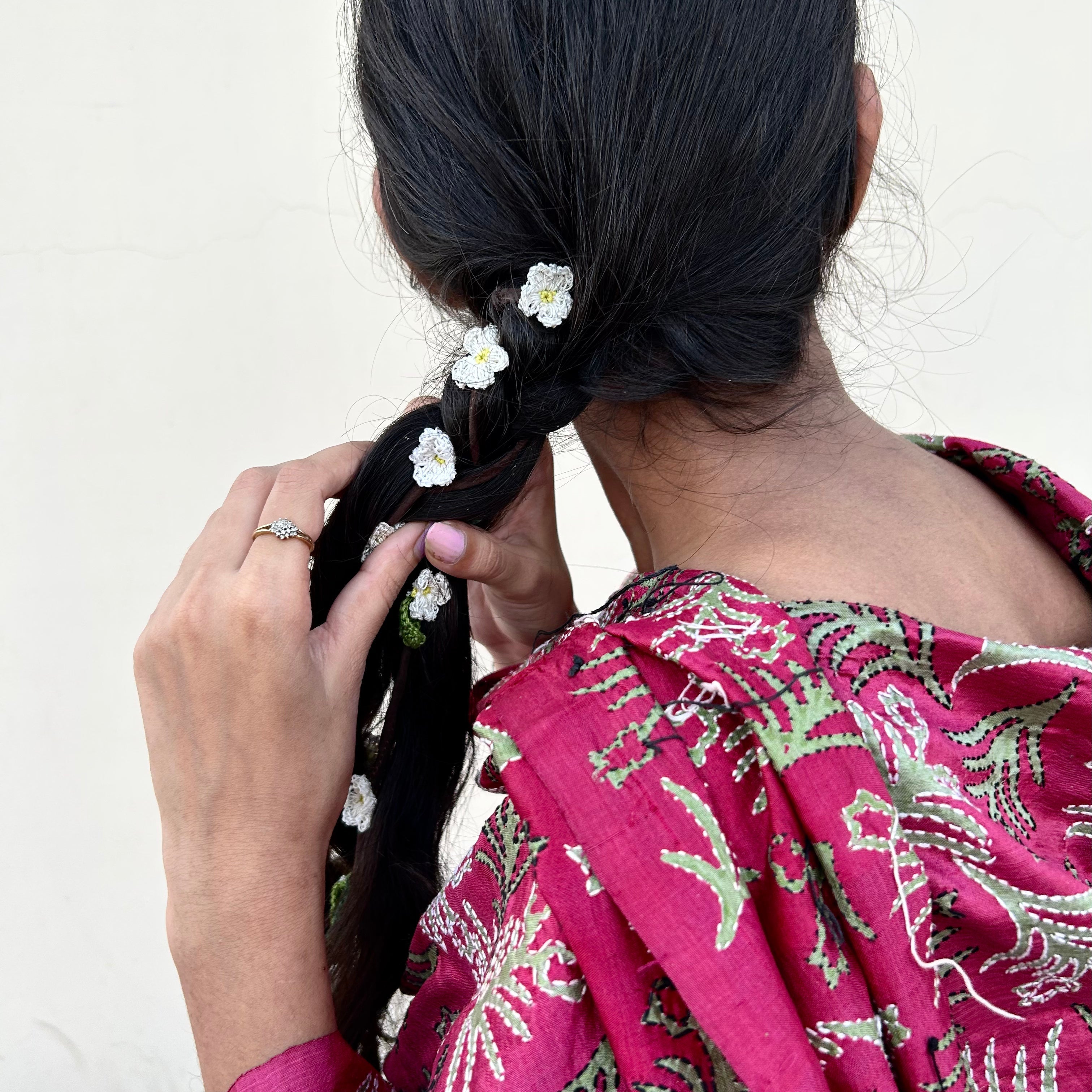 White Crochet Hair Parandi by Ikriit'm with Cotton yarn, Crochet, Free Size, Ikriit'm, Made from Natural Materials, Stainless Steel, White, Women Led Designer at Kamakhyaa for sustainable fashion