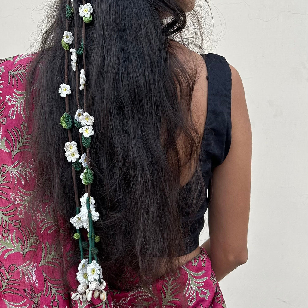 White Crochet Hair Parandi by Ikriit'm with Cotton yarn, Crochet, Free Size, Ikriit'm, Made from Natural Materials, Stainless Steel, White, Women Led Designer at Kamakhyaa for sustainable fashion