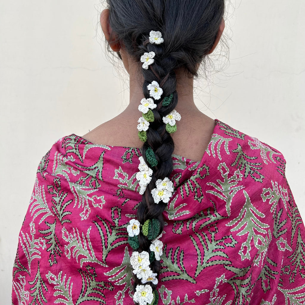 White Crochet Hair Parandi by Ikriit'm with Cotton yarn, Crochet, Free Size, Ikriit'm, Made from Natural Materials, Stainless Steel, White, Women Led Designer at Kamakhyaa for sustainable fashion