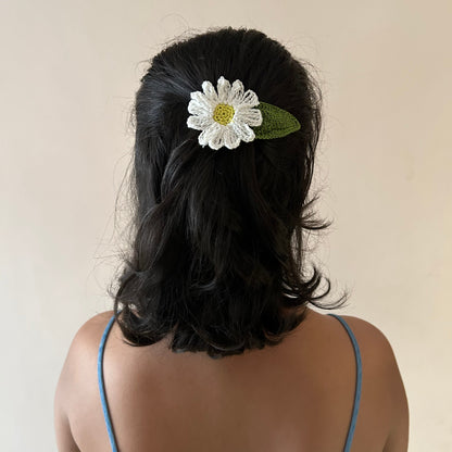 White Daisy Crochet Hair Clip by Ikriit'm with Cotton yarn, Crochet, Free Size, Hair Clip, Ikriit'm, Made from Natural Materials, Stainless Steel, White, Women Led Designer at Kamakhyaa for sustainable fashion