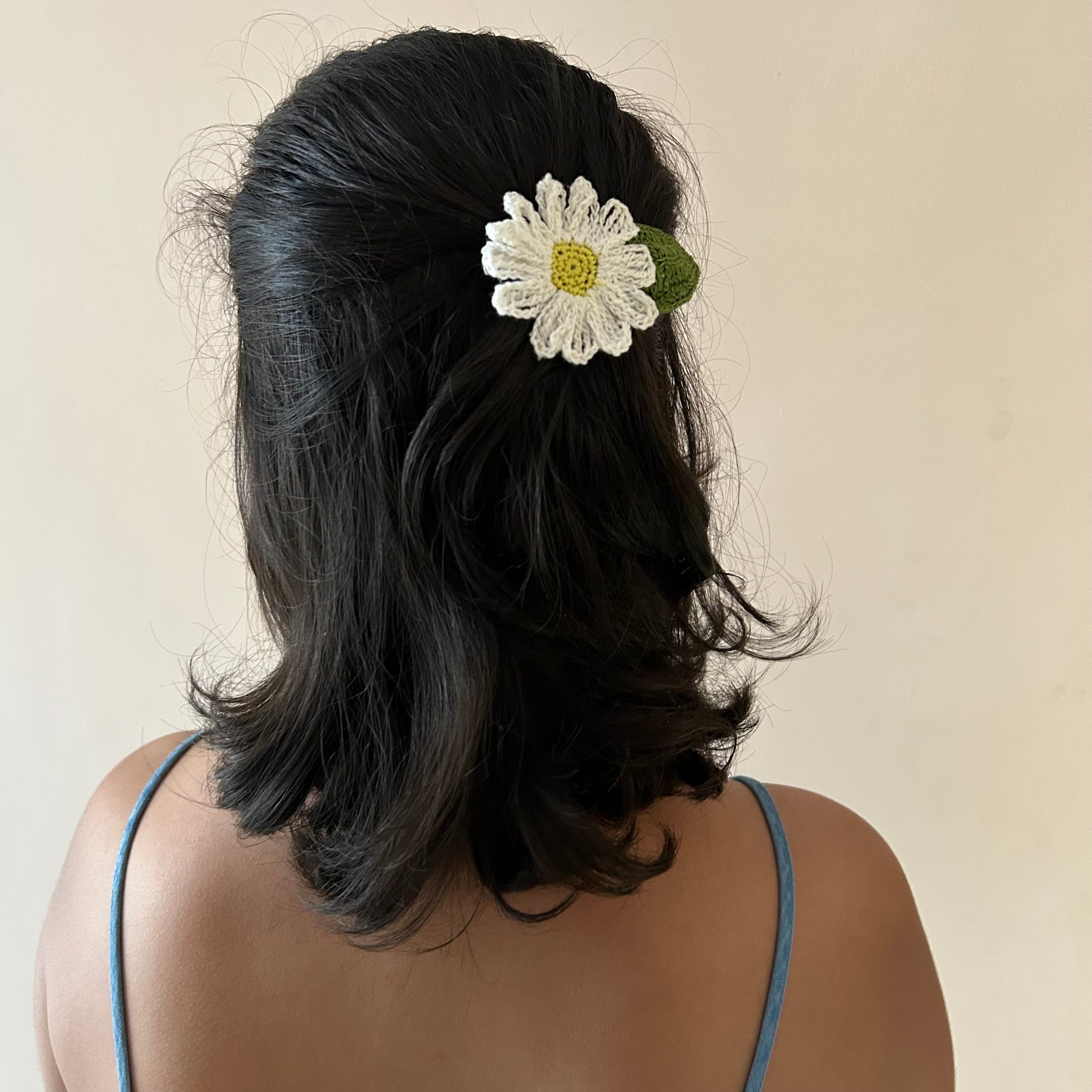 White Daisy Crochet Hair Clip by Ikriit'm with Cotton yarn, Crochet, Free Size, Hair Clip, Ikriit'm, Made from Natural Materials, Stainless Steel, White, Women Led Designer at Kamakhyaa for sustainable fashion