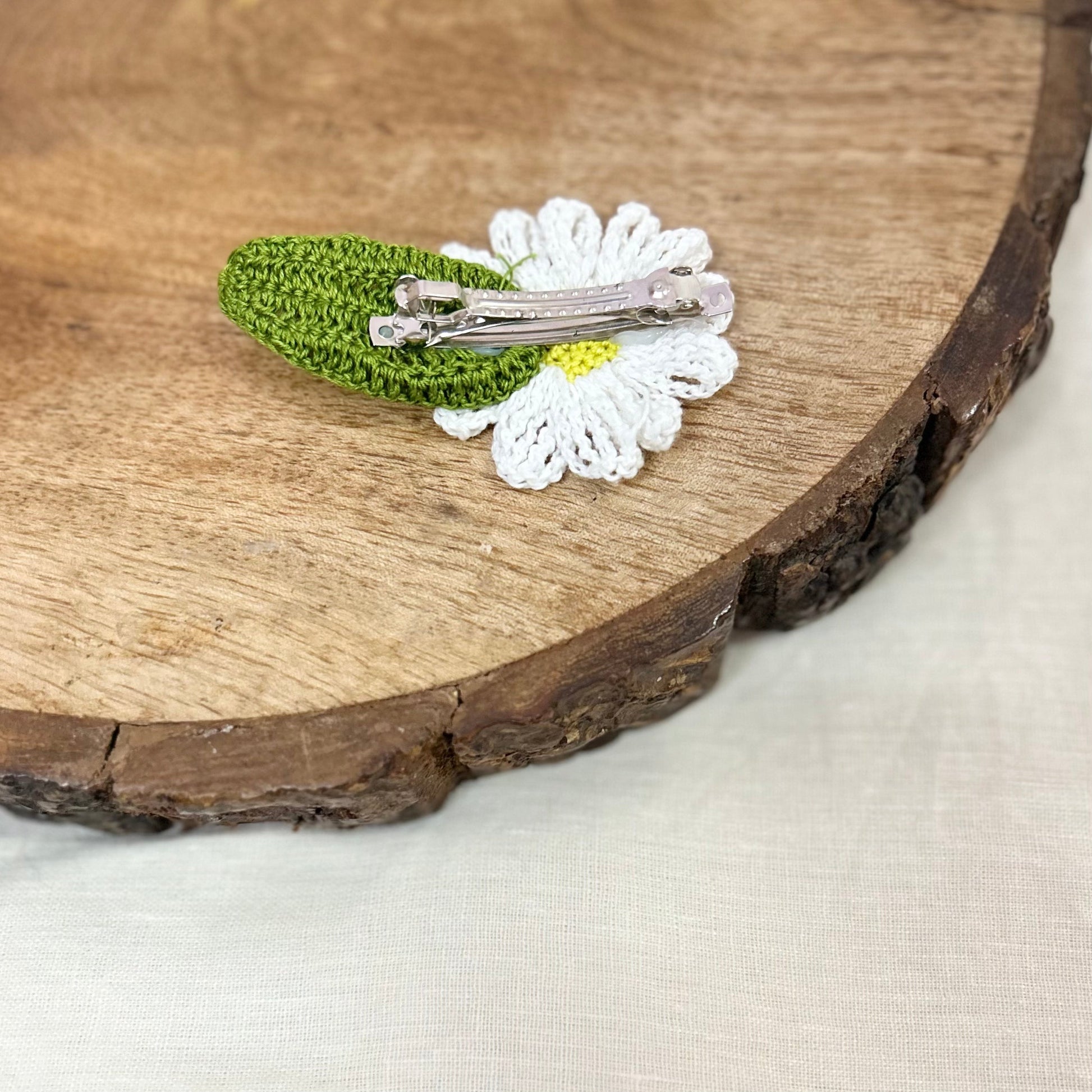 White Daisy Crochet Hair Clip by Ikriit'm with Cotton yarn, Crochet, Free Size, Hair Clip, Ikriit'm, Made from Natural Materials, Stainless Steel, White, Women Led Designer at Kamakhyaa for sustainable fashion