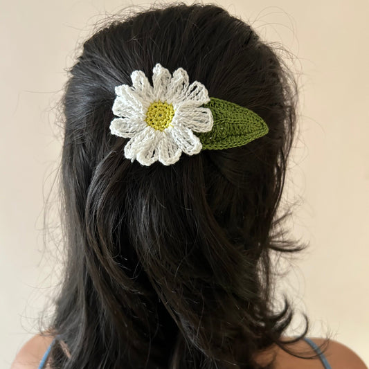 White Daisy Crochet Hair Clip by Ikriit'm with Cotton yarn, Crochet, Free Size, Hair Clip, Ikriit'm, Made from Natural Materials, Stainless Steel, White, Women Led Designer at Kamakhyaa for sustainable fashion