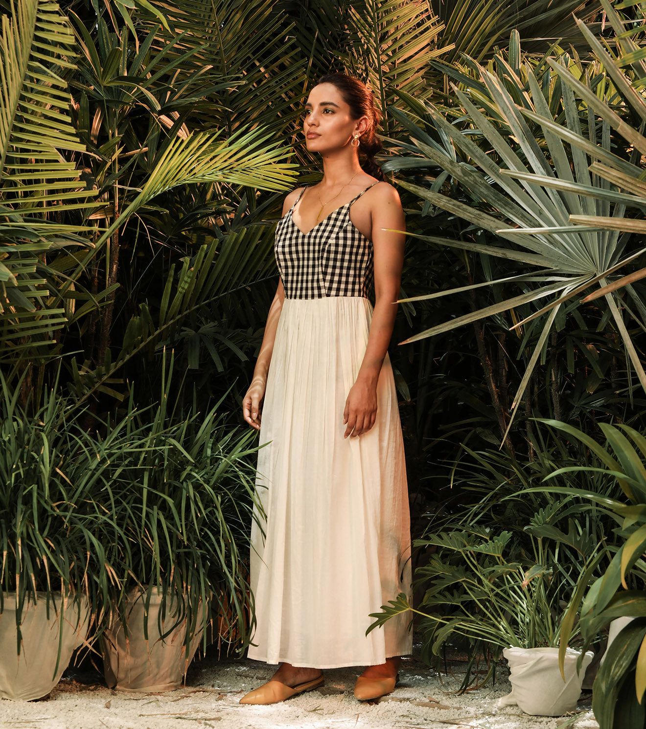 White Maxi Dress-Checks by Khara Kapas with Another Day In Paradise by Khara Kapas, Checks, Fitted At Waist, Highend fashion, Lost In Paradise by Khara Kapas, Maxi Dresses, Mul Cotton, Natural, Resort Wear, Sleeveless Dresses, Strap Dresses, White, Womenswear at Kamakhyaa for sustainable fashion