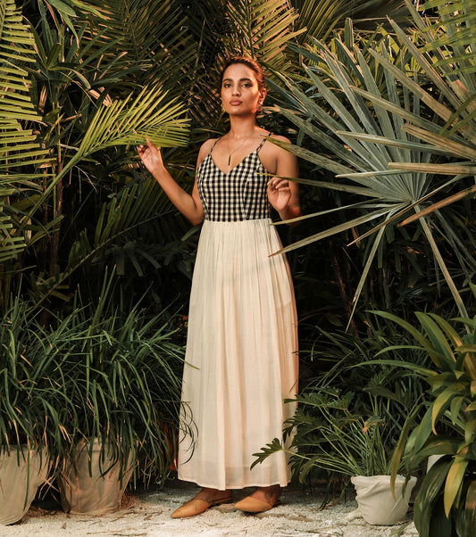 White Maxi Dress-Checks by Khara Kapas with Another Day In Paradise by Khara Kapas, Checks, Fitted At Waist, Highend fashion, Lost In Paradise by Khara Kapas, Maxi Dresses, Mul Cotton, Natural, Resort Wear, Sleeveless Dresses, Strap Dresses, White, Womenswear at Kamakhyaa for sustainable fashion