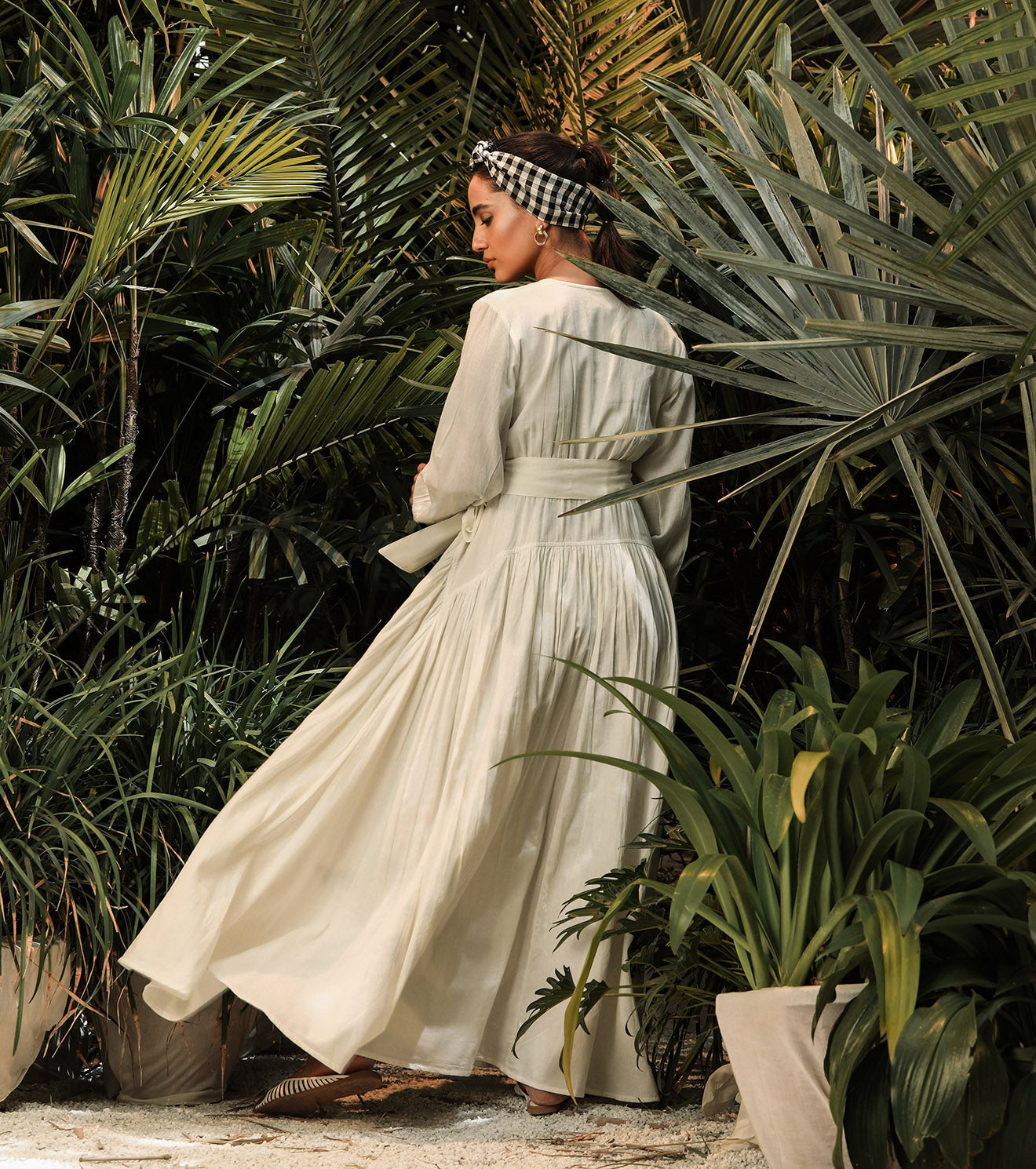 White Maxi Dress by Khara Kapas with Another Day In Paradise by Khara Kapas, Lost In Paradise by Khara Kapas, Maxi Dresses, Mul Cotton, Natural, Regular Fit, Resort Wear, Solids, White, Womenswear, Wrap Dresses at Kamakhyaa for sustainable fashion