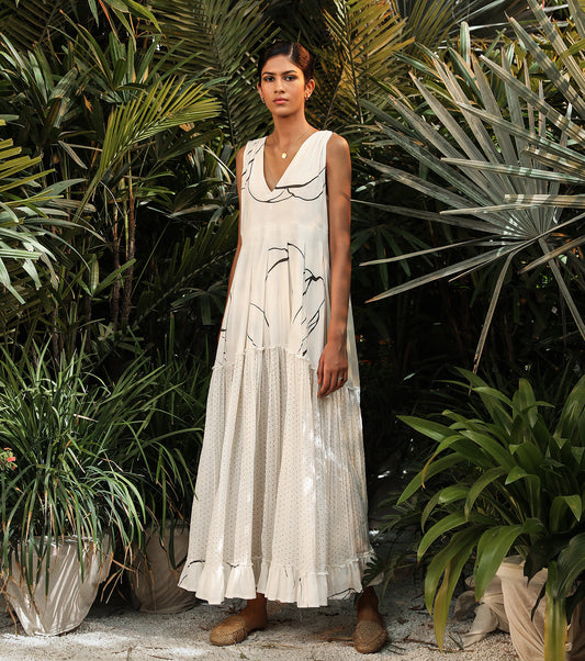 White Maxi Dress-Prints by Khara Kapas with Another Day In Paradise by Khara Kapas, Lost In Paradise by Khara Kapas, Maxi Dresses, Mul Cotton, Natural, Prints, Resort Wear, Sleeveless Dresses, Tiered Dresses, White, Womenswear at Kamakhyaa for sustainable fashion