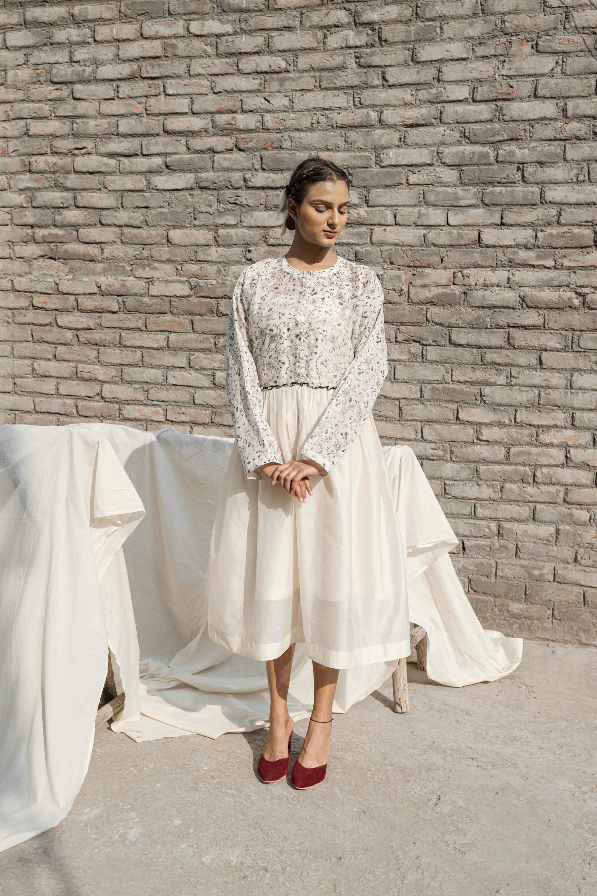 White Midi Dress And Slip by Ahmev with Casual Wear, Chanderi, FB ADS JUNE, Ink And Ivory by Ahmev, Midi Dresses, Prints, Relaxed Fit, White, Womenswear at Kamakhyaa for sustainable fashion