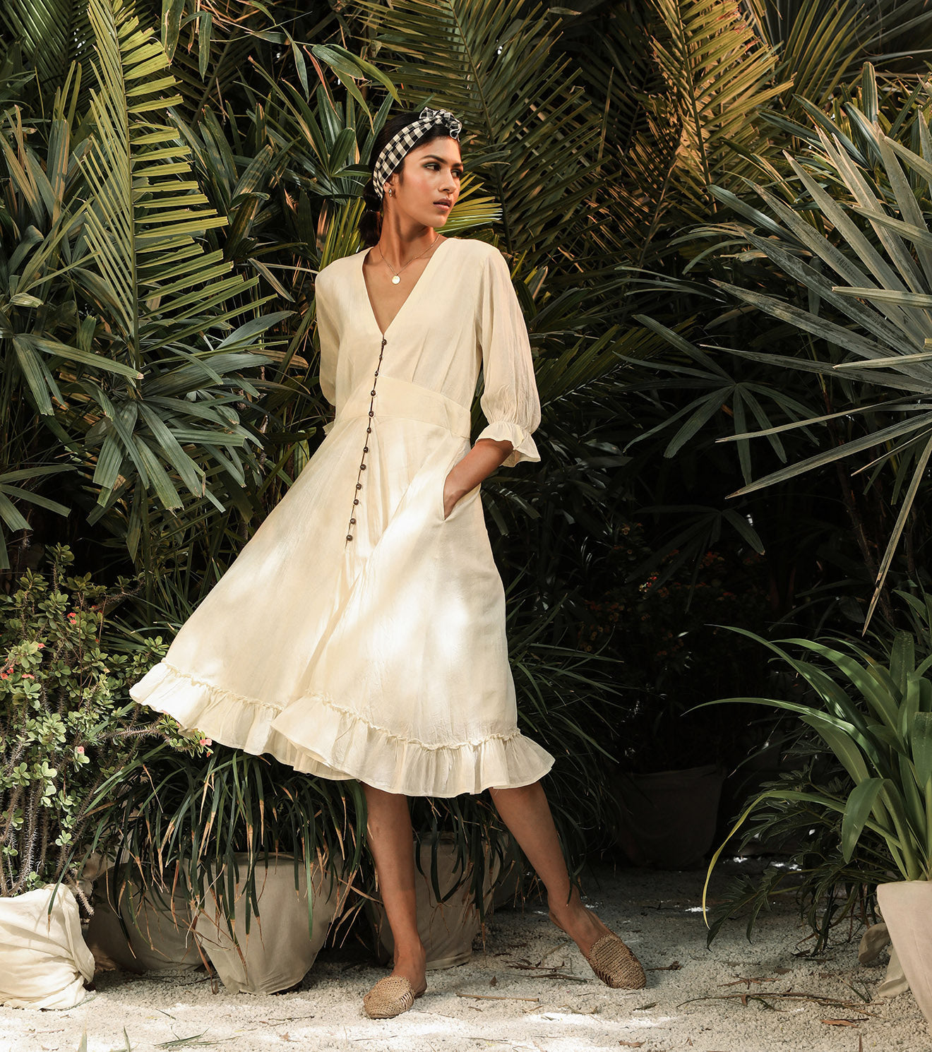 White Midi Dress with pockets at Kamakhyaa by Khara Kapas. This item is Lost In paradise, Midi Dresses, Mul Cotton, Natural, Regular Fit, Resort Wear, Solids, Tiered Dresses, White, Womenswear