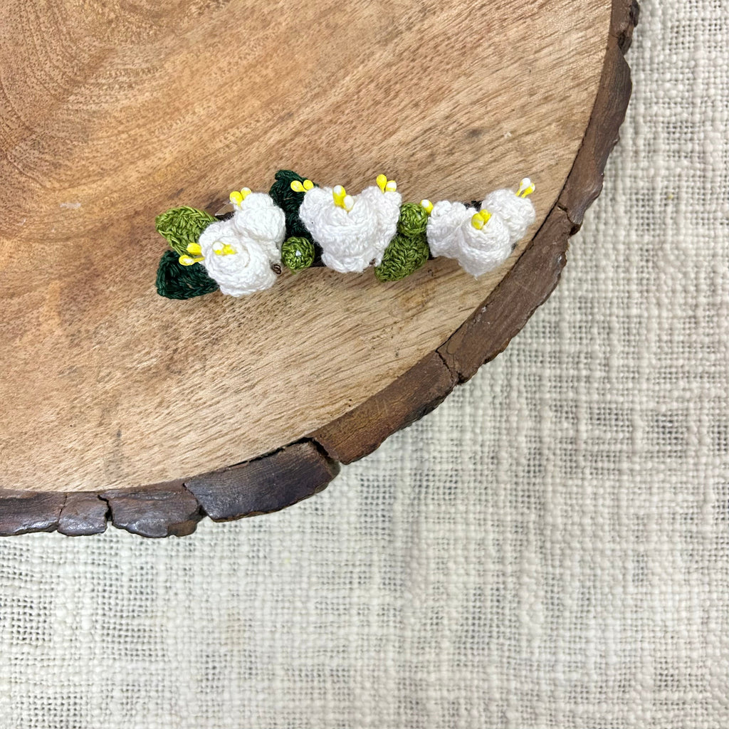 White Mogra Crochet Hair Clip by Ikriit'm with Cotton yarn, Crochet, Free Size, Hair Clip, Ikriit'm, Made from Natural Materials, Stainless Steel, White, Women Led Designer at Kamakhyaa for sustainable fashion