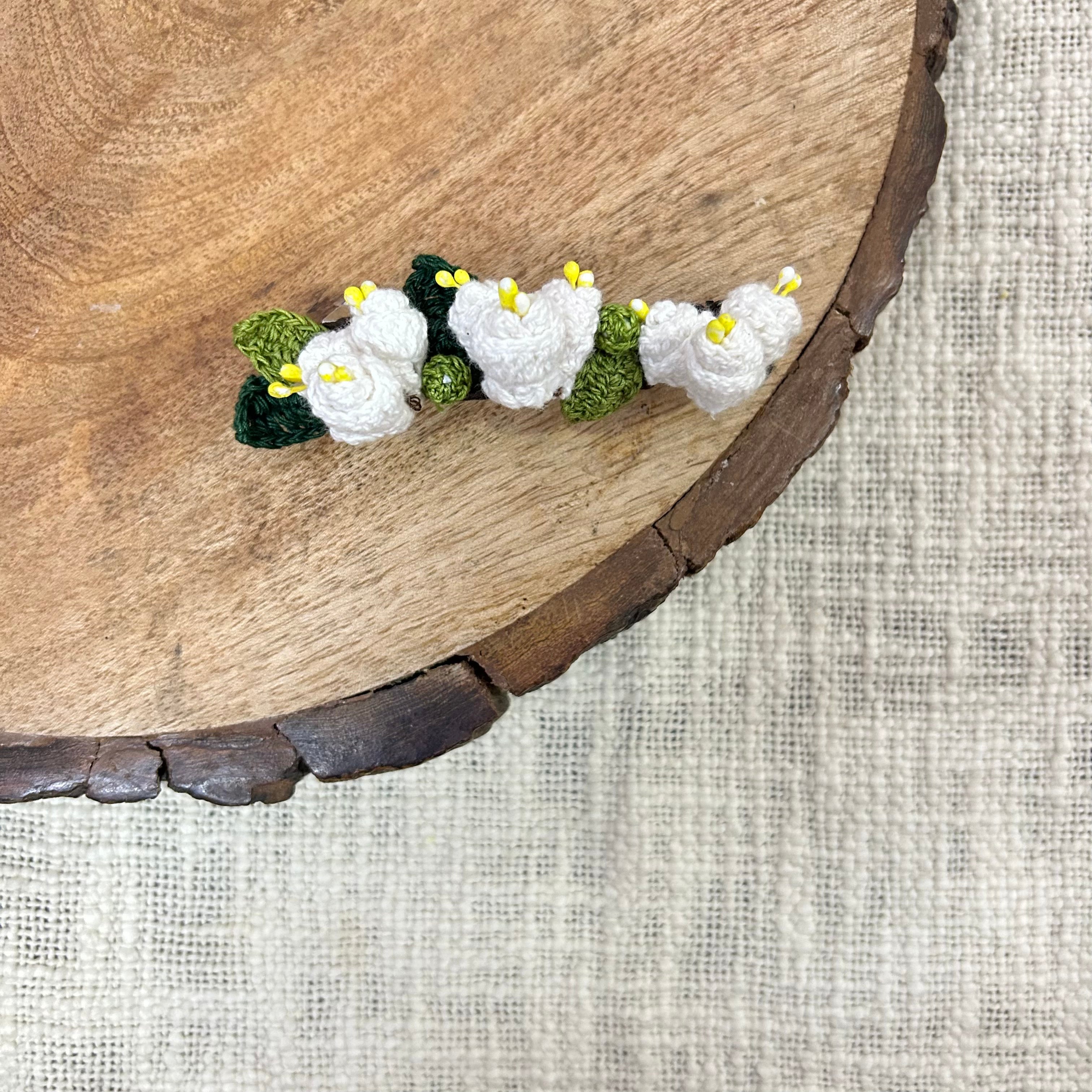 White Mogra Crochet Hair Clip by Ikriit'm with Cotton yarn, Crochet, Free Size, Hair Clip, Ikriit'm, Made from Natural Materials, Stainless Steel, White, Women Led Designer at Kamakhyaa for sustainable fashion