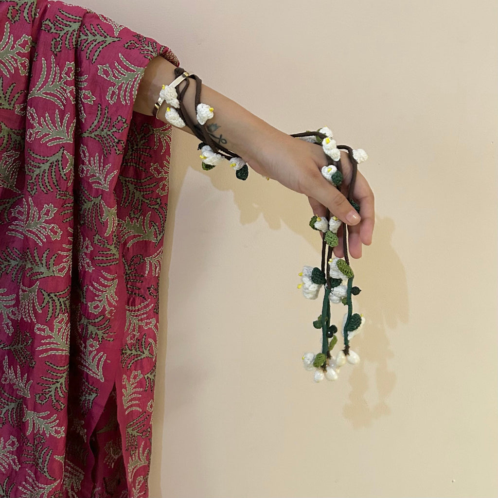 White Mogra Crochet Hair Parandi by Ikriit'm with Cotton yarn, Crochet, Free Size, Ikriit'm, Made from Natural Materials, Parandi, Stainless Steel, White, Women Led Designer at Kamakhyaa for sustainable fashion