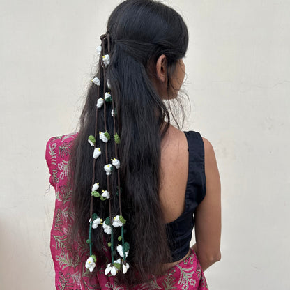 White Mogra Crochet Hair Parandi by Ikriit'm with Cotton yarn, Crochet, Free Size, Ikriit'm, Made from Natural Materials, Parandi, Stainless Steel, White, Women Led Designer at Kamakhyaa for sustainable fashion