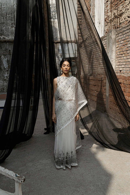 White Organza Saree by Ahmev with Casual Wear, For Mother, Free Size, Indian Wear, Ink And Ivory by Ahmev, Prints, Sarees, Silk Organza, White, Womenswear at Kamakhyaa for sustainable fashion