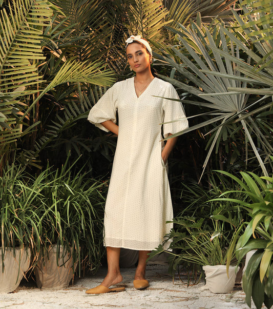 White Print Midi Dress by Khara Kapas with Another Day In Paradise by Khara Kapas, Lost In Paradise by Khara Kapas, Midi Dresses, Mul Cotton, Natural, Regular Fit, Resort Wear, Solids, White, Womenswear at Kamakhyaa for sustainable fashion