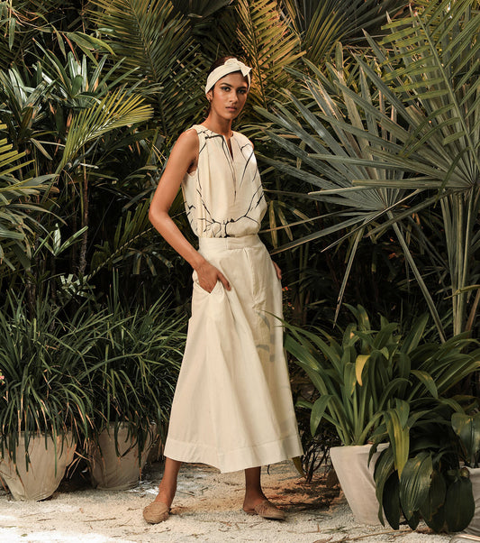 White Skirt by Khara Kapas with Another Day In Paradise by Khara Kapas, Fitted At Waist, Lost In Paradise by Khara Kapas, Midi Skirts, Mul Cotton, Natural, Poplin, Resort Wear, Selfsame, Skirts, Solids, White, Womenswear at Kamakhyaa for sustainable fashion