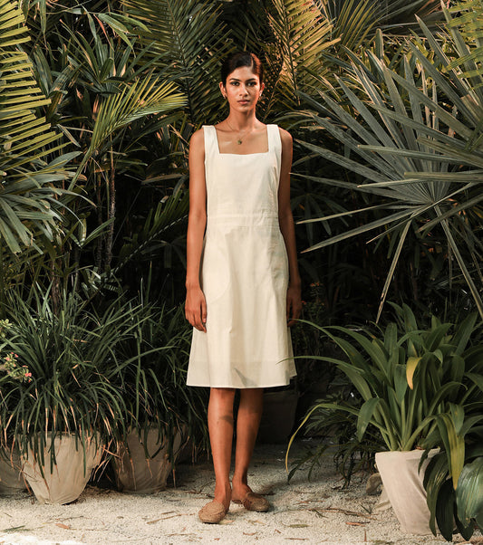 White Sleeveless Midi Dress by Khara Kapas with Another Day In Paradise by Khara Kapas, Lost In Paradise by Khara Kapas, Midi Dresses, Natural, Poplin, Regular Fit, Resort Wear, Solids, White, Womenswear at Kamakhyaa for sustainable fashion