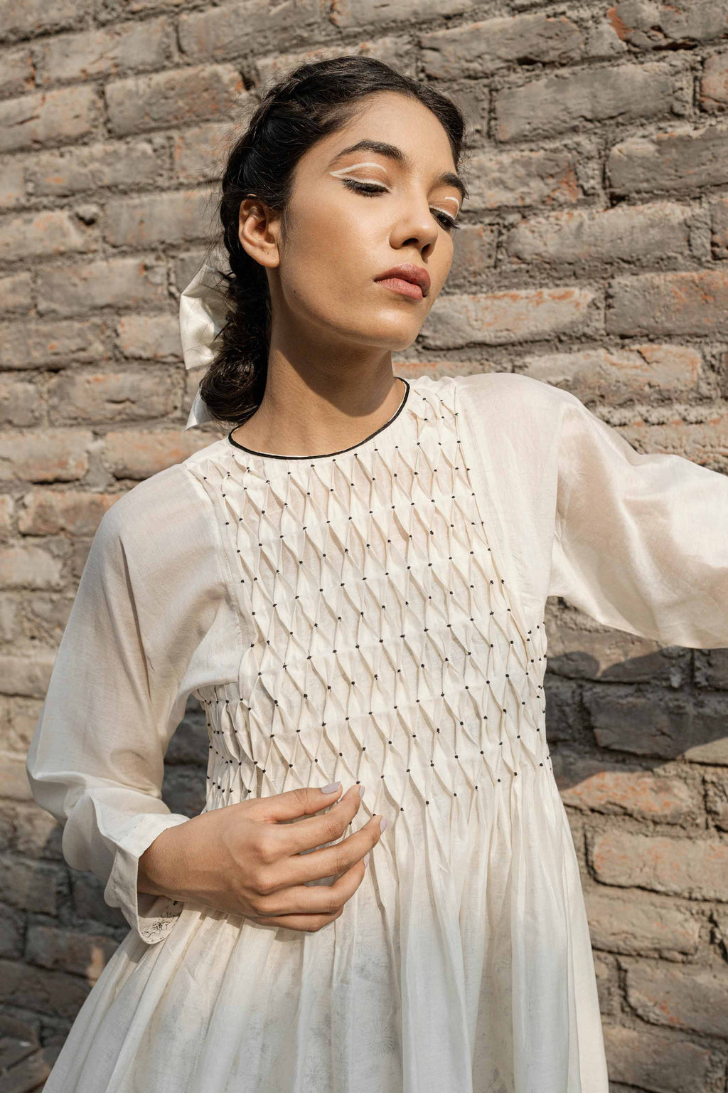 White Smoking Dress And Slip by Ahmev with Casual Wear, Chanderi, Ink And Ivory by Ahmev, Midi Dresses, Prints, Regular Fit, White, Womenswear at Kamakhyaa for sustainable fashion