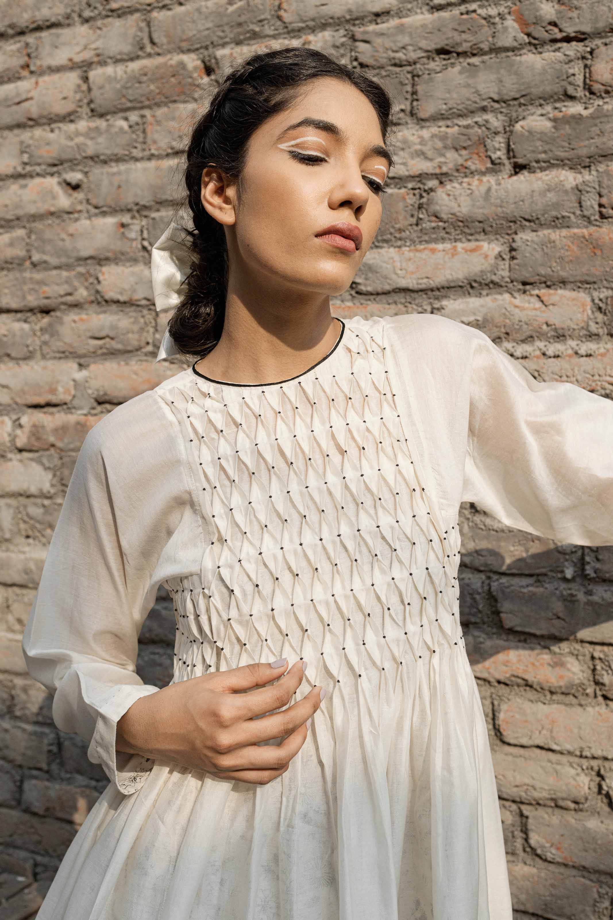 White Smoking Dress And Slip by Ahmev with Casual Wear, Chanderi, Ink And Ivory by Ahmev, Midi Dresses, Prints, Regular Fit, White, Womenswear at Kamakhyaa for sustainable fashion