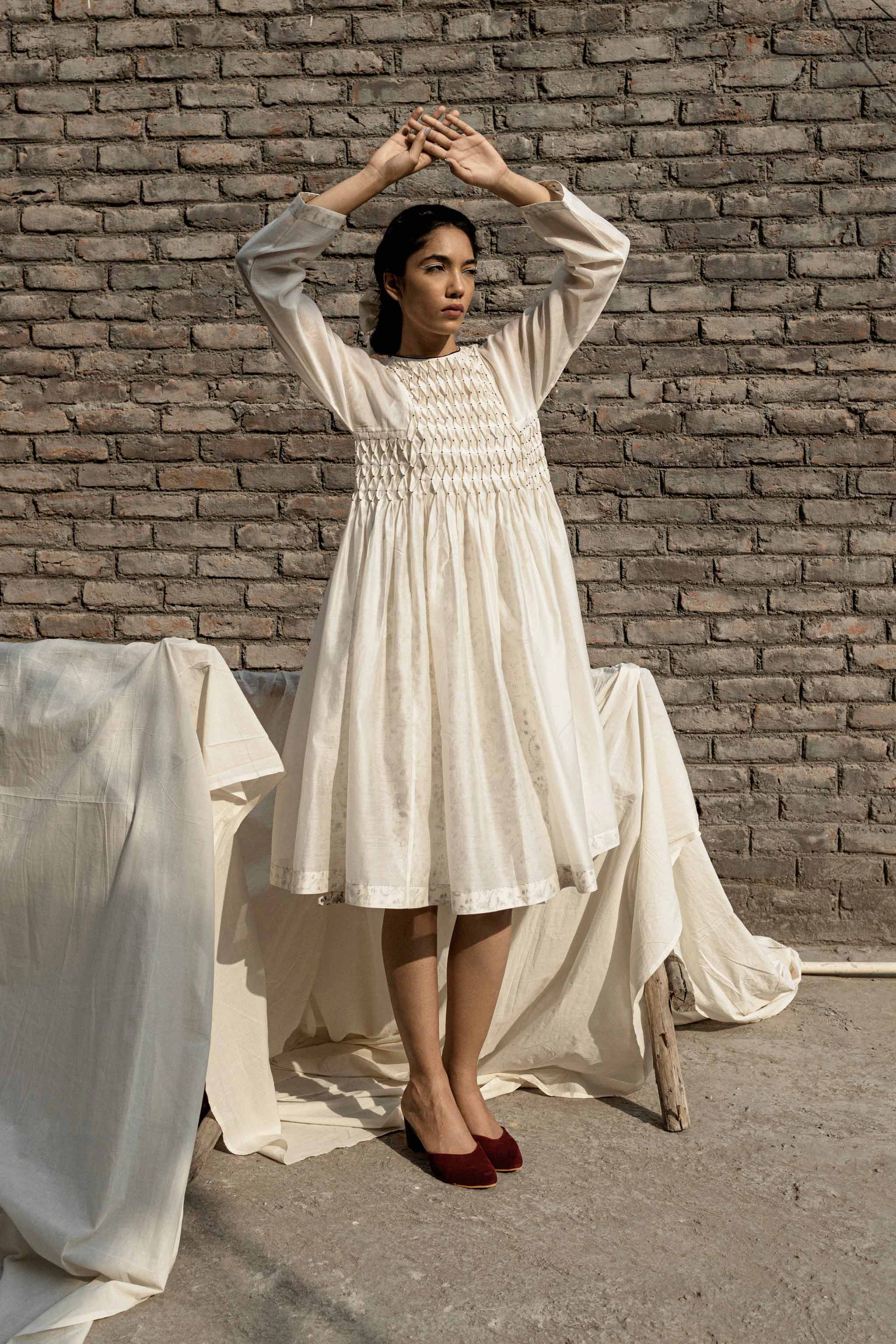 White Smoking Dress And Slip by Ahmev with Casual Wear, Chanderi, Ink And Ivory by Ahmev, Midi Dresses, Prints, Regular Fit, White, Womenswear at Kamakhyaa for sustainable fashion