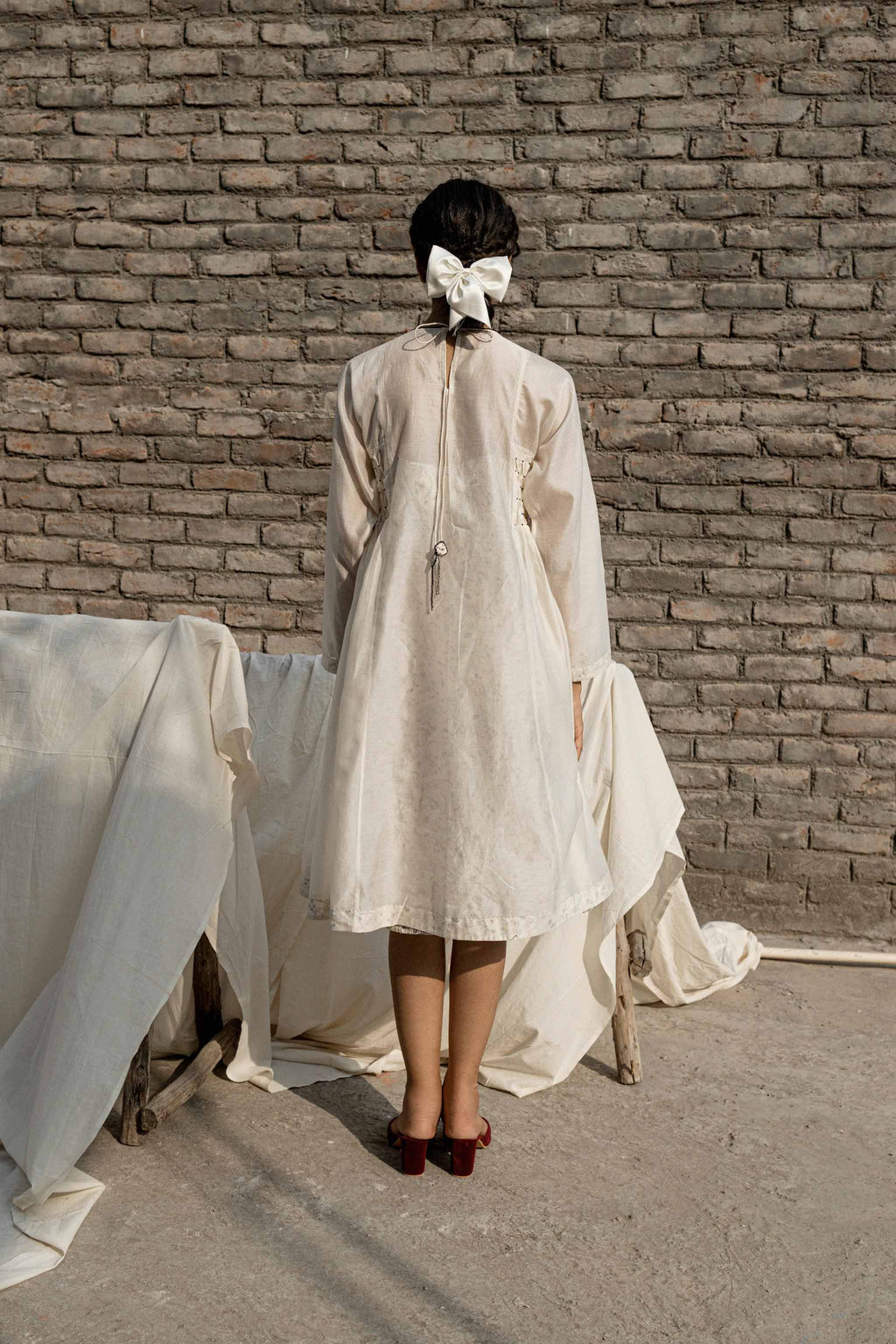 White Smoking Dress And Slip by Ahmev with Casual Wear, Chanderi, Ink And Ivory by Ahmev, Midi Dresses, Prints, Regular Fit, White, Womenswear at Kamakhyaa for sustainable fashion