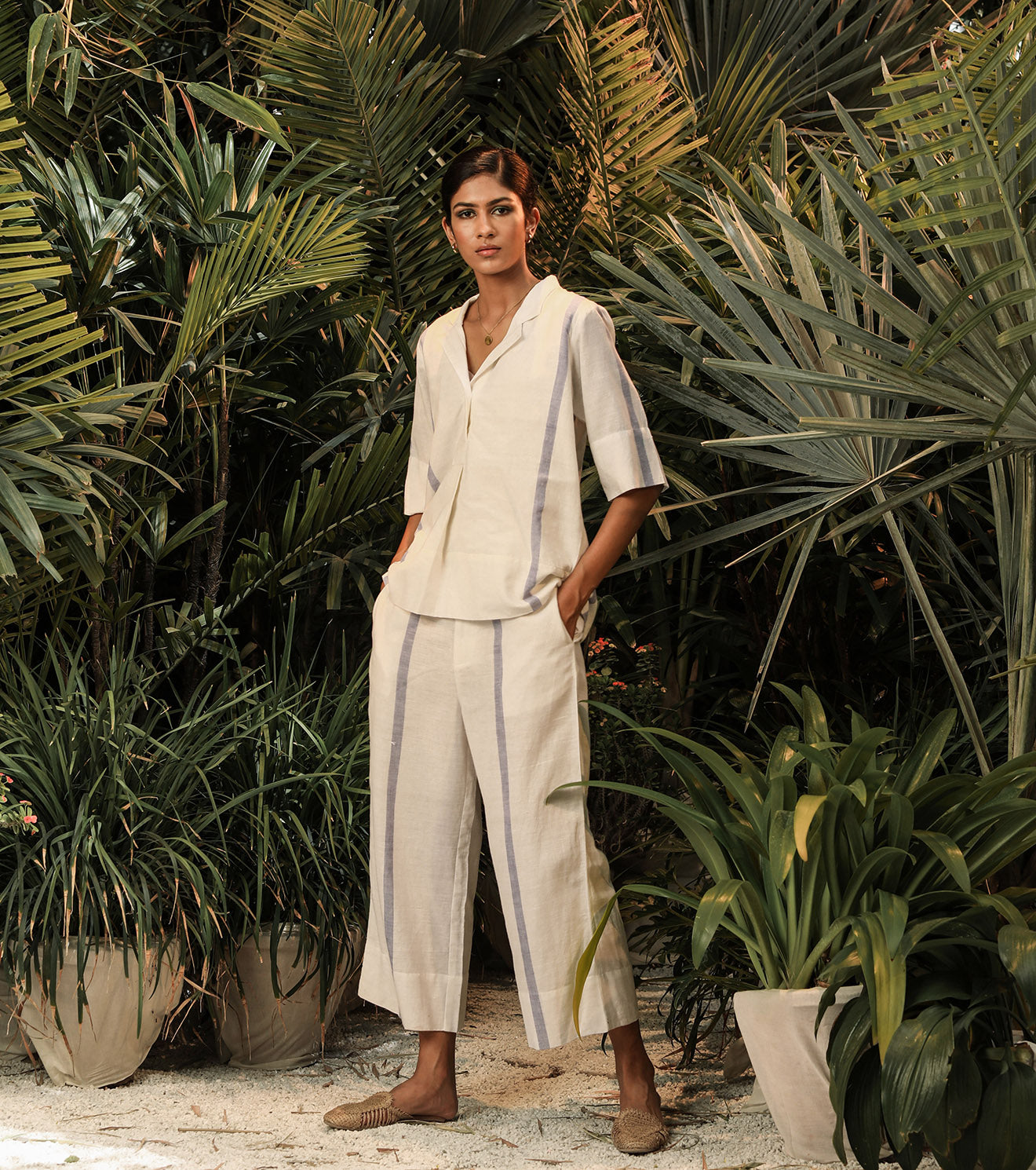 White Two Piece Set- Relaxed for travel at Kamakhyaa by Khara Kapas. This item is Co-ord Sets, Cotton Khadi, Lost In paradise, Lounge Wear Co-ords, Relaxed Fit, Resort Wear, Solids, Travel Co-ords, White, Womenswear