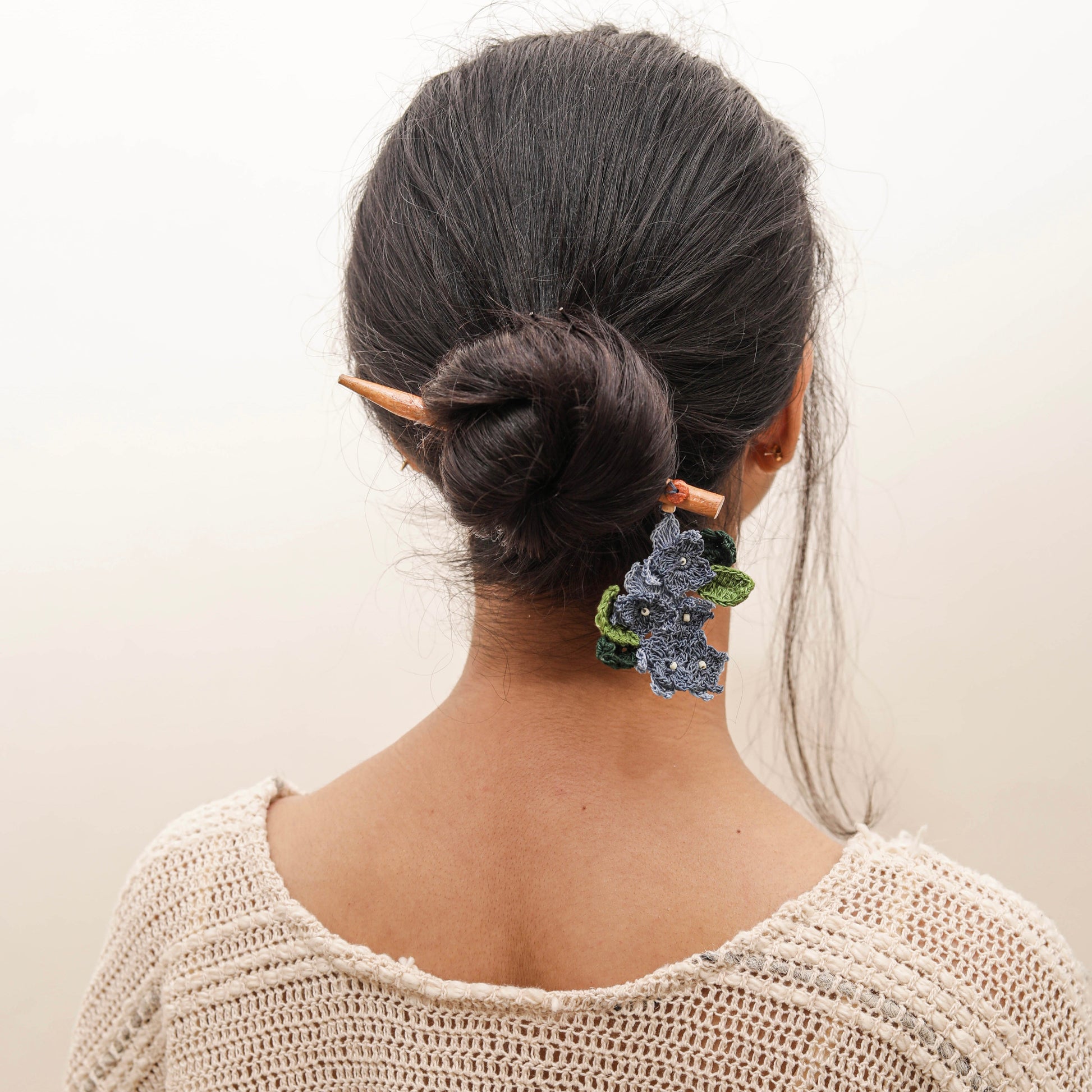 Wooden Hair Stick Blue And Green by Ikriit'm with Blue, Cotton Yarn, Free Size, Green, Hair Stick, Ikriit'm, Made from Natural Materials, Women Led Designer at Kamakhyaa for sustainable fashion