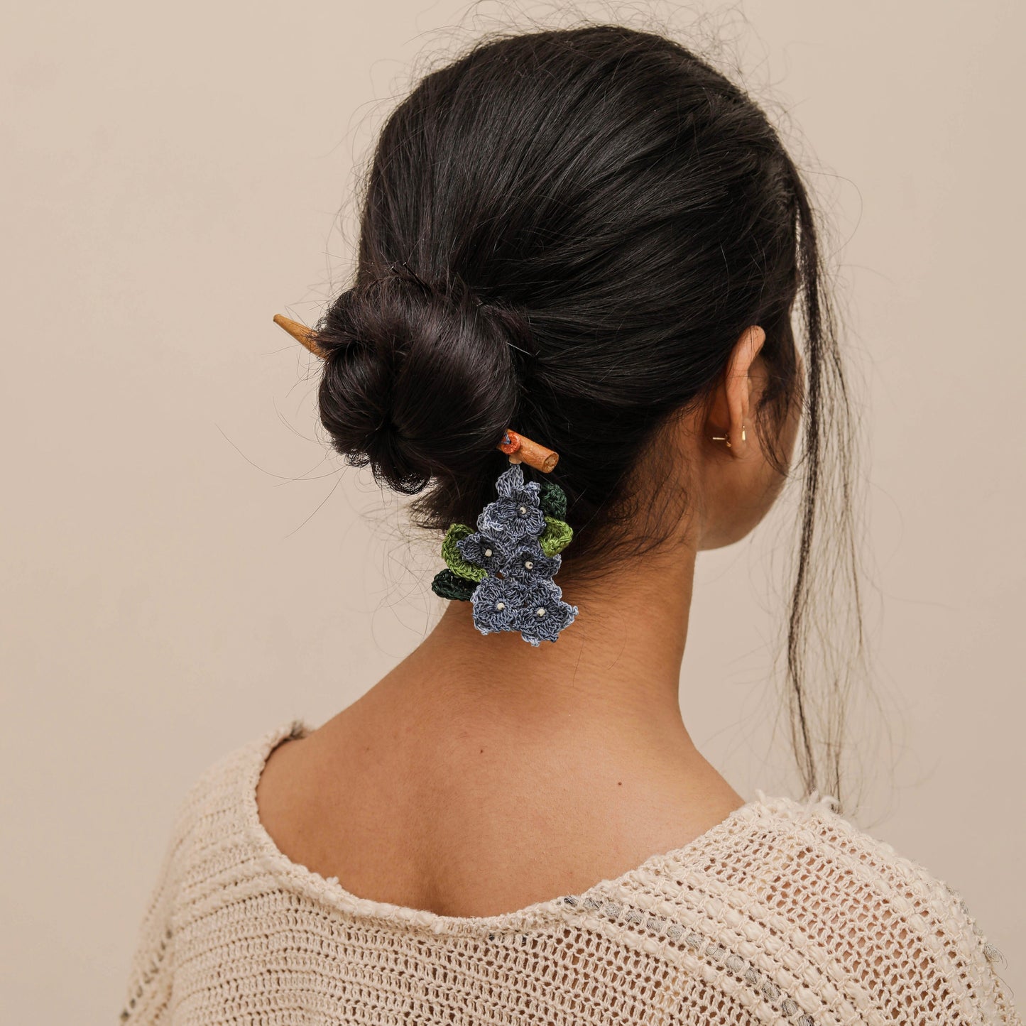 Wooden Hair Stick Blue And Green by Ikriit'm with Blue, Cotton Yarn, Free Size, Green, Hair Stick, Ikriit'm, Made from Natural Materials, Women Led Designer at Kamakhyaa for sustainable fashion