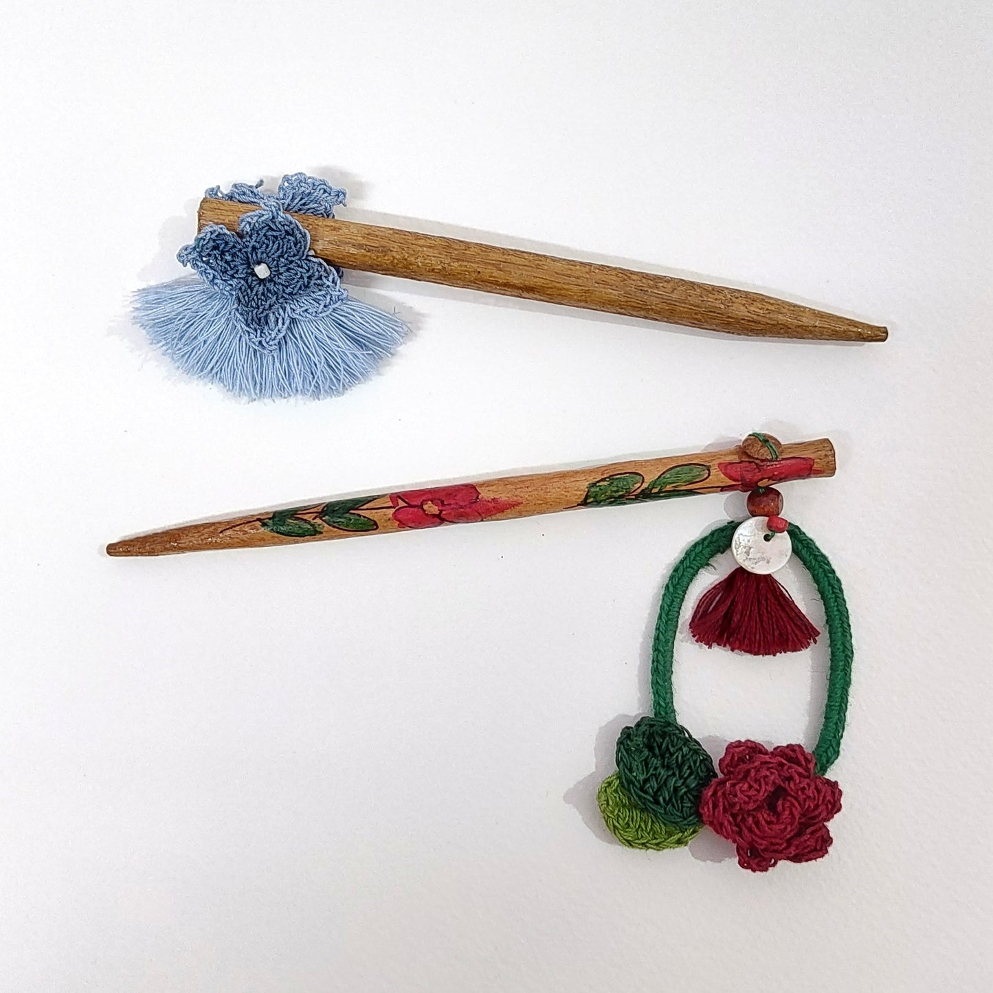 Wooden Hair Stick Blue And Red by Ikriit'm with Blue, Cotton Yarn, Free Size, Hair Stick, Ikriit'm, Made from Natural Materials, Red, Women Led Designer at Kamakhyaa for sustainable fashion