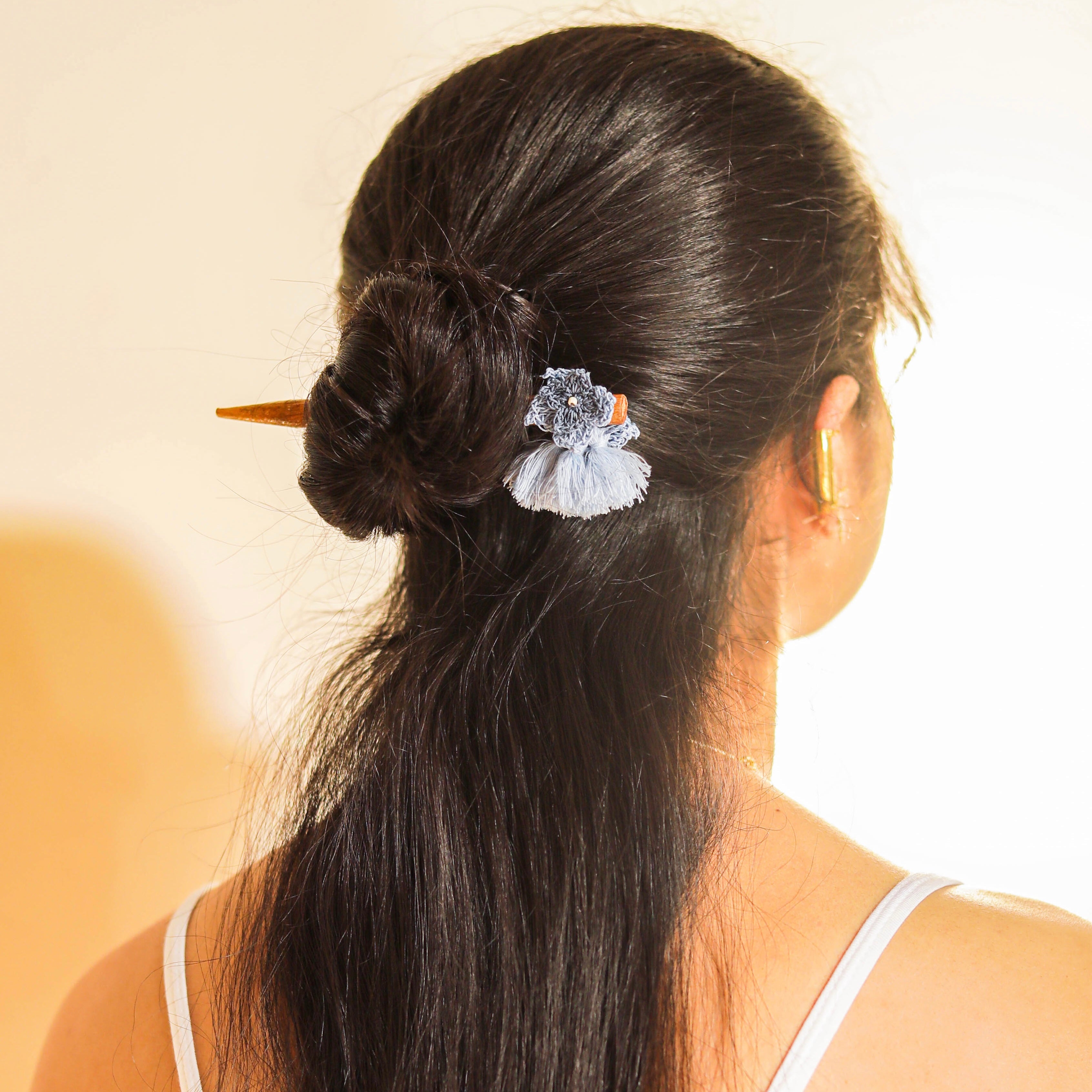 Wooden Hair Stick Blue by Ikriit'm with Blue, Cotton Yarn, Free Size, Hair Stick, Ikriit'm, Made from Natural Materials, Women Led Designer at Kamakhyaa for sustainable fashion