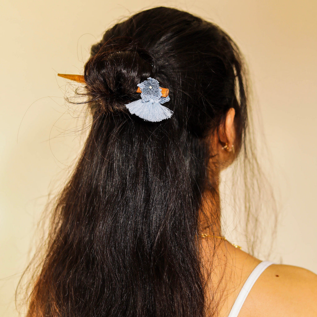 Wooden Hair Stick Blue by Ikriit'm with Blue, Cotton Yarn, Free Size, Hair Stick, Ikriit'm, Made from Natural Materials, Women Led Designer at Kamakhyaa for sustainable fashion