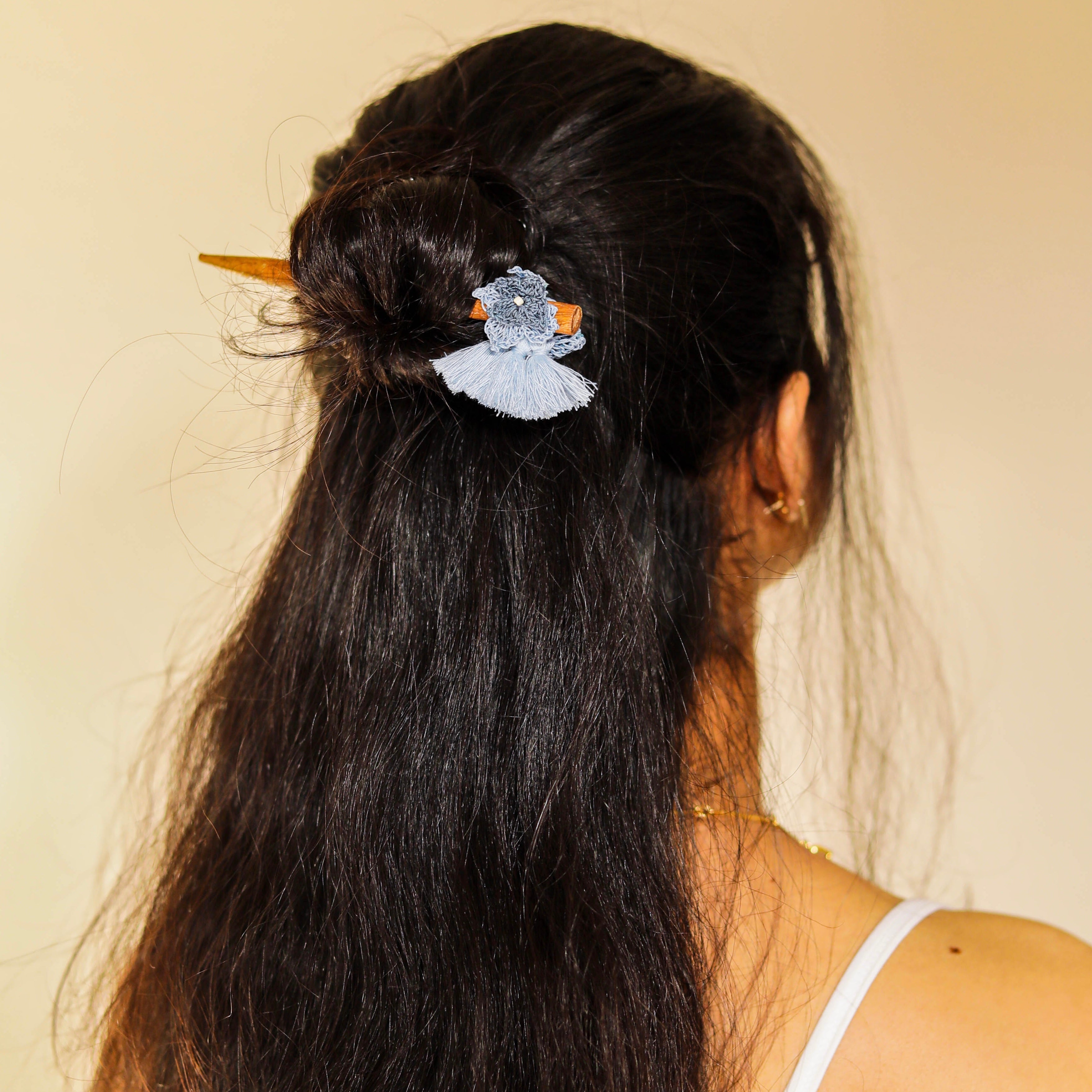 Wooden Hair Stick Blue by Ikriit'm with Blue, Cotton Yarn, Free Size, Hair Stick, Ikriit'm, Made from Natural Materials, Women Led Designer at Kamakhyaa for sustainable fashion