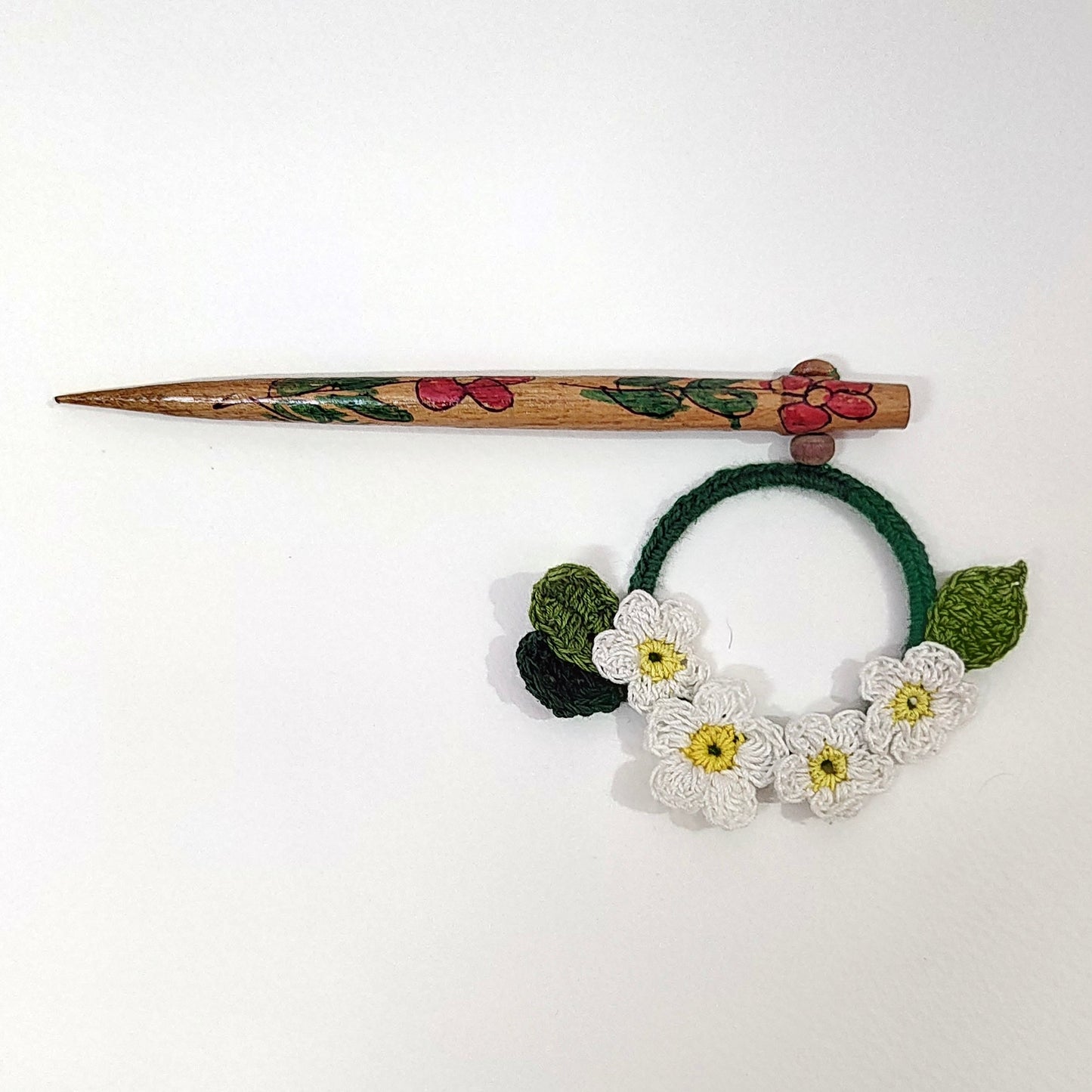 Wooden Hair Stick Daisy Off White And Green by Ikriit'm with Cotton Yarn, Free Size, Green, Hair Stick, Ikriit'm, Made from Natural Materials, Off White, Women Led Designer at Kamakhyaa for sustainable fashion