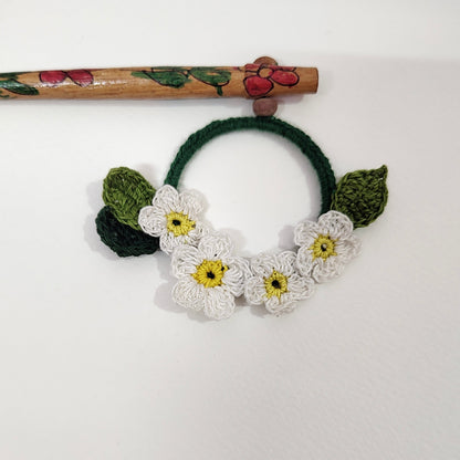 Wooden Hair Stick Daisy Off White And Green by Ikriit'm with Cotton Yarn, Free Size, Green, Hair Stick, Ikriit'm, Made from Natural Materials, Off White, Women Led Designer at Kamakhyaa for sustainable fashion