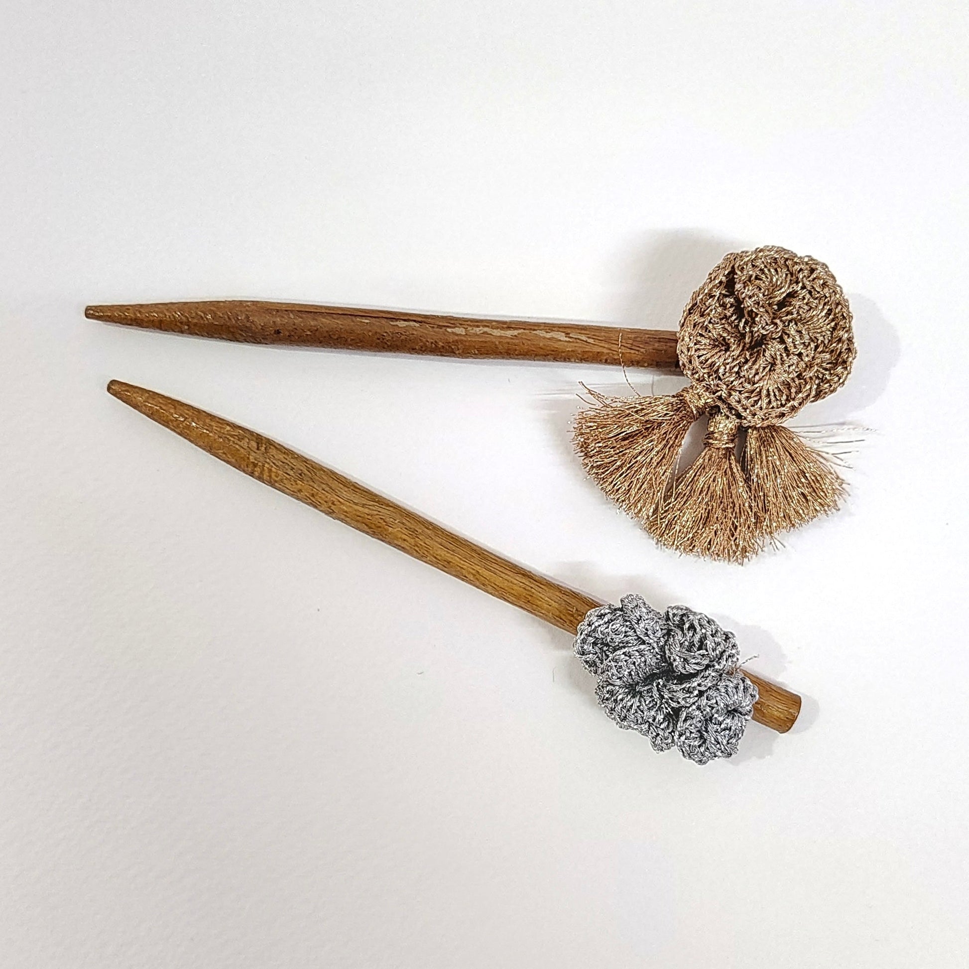 Wooden Hair Stick Golden And Silver by Ikriit'm with Cotton Yarn, Free Size, Gold, Hair Stick, Ikriit'm, Made from Natural Materials, Silver, Women Led Designer at Kamakhyaa for sustainable fashion