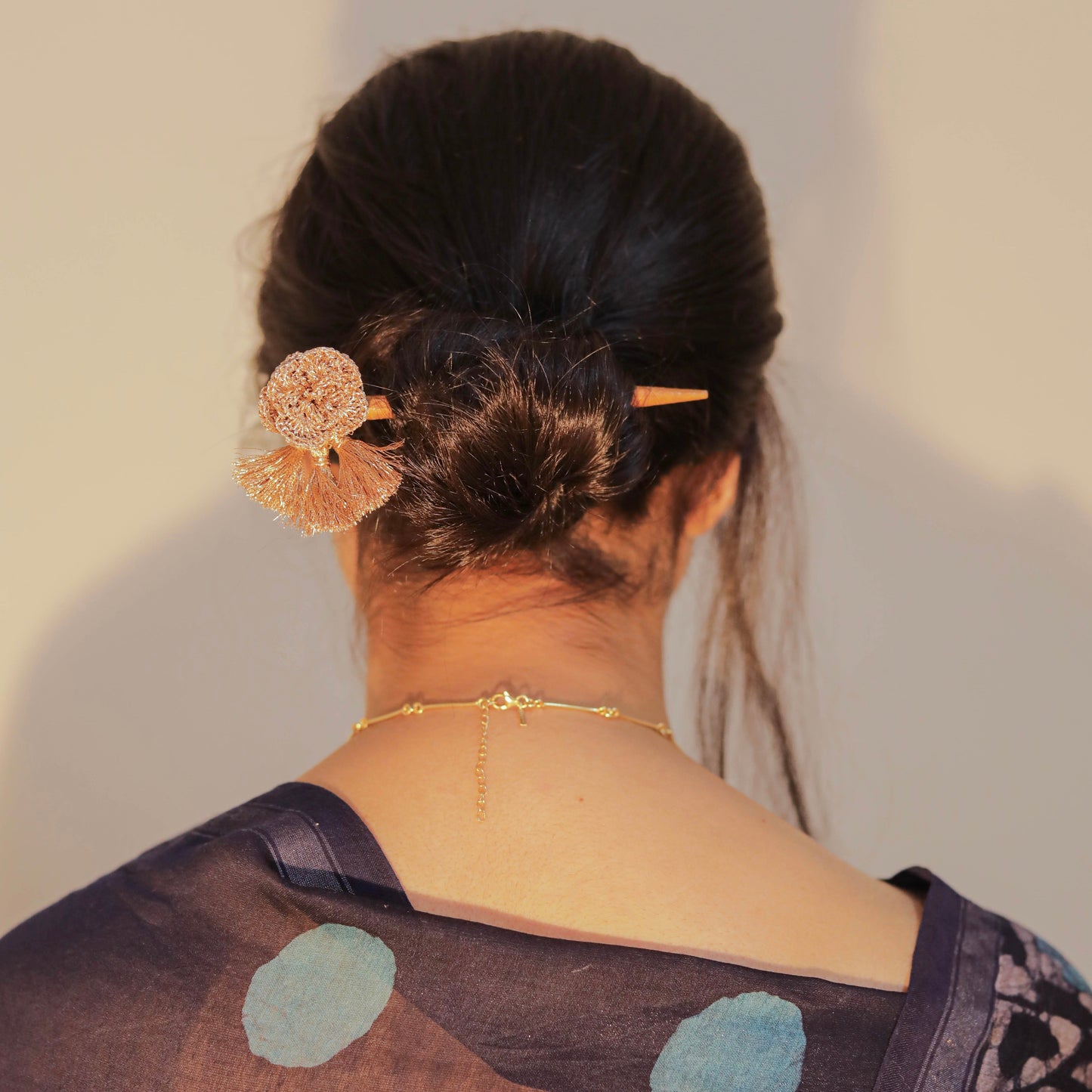 Wooden Hair Stick Golden by Ikriit'm with Cotton Yarn, Free Size, Golden, Hair Stick, Ikriit'm, Made from Natural Materials, Women Led Designer at Kamakhyaa for sustainable fashion