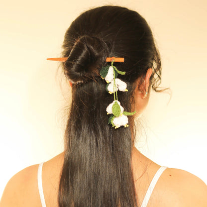 Wooden Hair Stick Mogra Off White And Green by Ikriit'm with Cotton Yarn, Free Size, Green, Hair Stick, Ikriit'm, Made from Natural Materials, Off White, Women Led Designer at Kamakhyaa for sustainable fashion