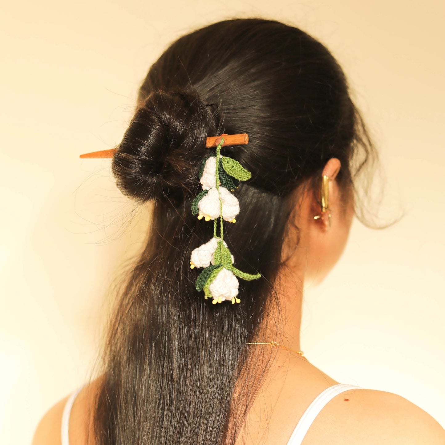 Wooden Hair Stick Mogra Off White And Green by Ikriit'm with Cotton Yarn, Free Size, Green, Hair Stick, Ikriit'm, Made from Natural Materials, Off White, Women Led Designer at Kamakhyaa for sustainable fashion