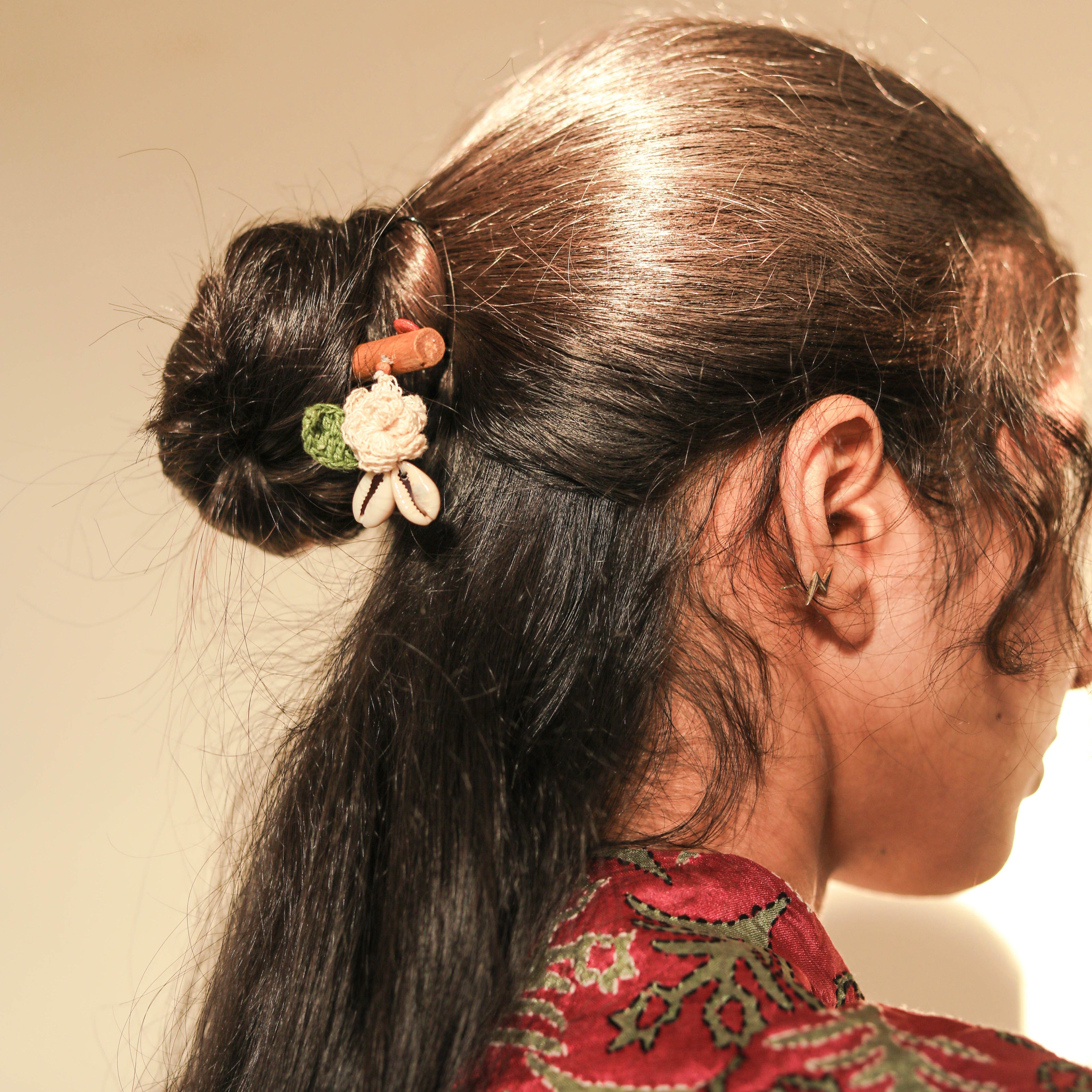 Wooden Hair Stick Off White by Ikriit'm with Cotton Yarn, Free Size, Hair Stick, Ikriit'm, Made from Natural Materials, Off White, Women Led Designer at Kamakhyaa for sustainable fashion