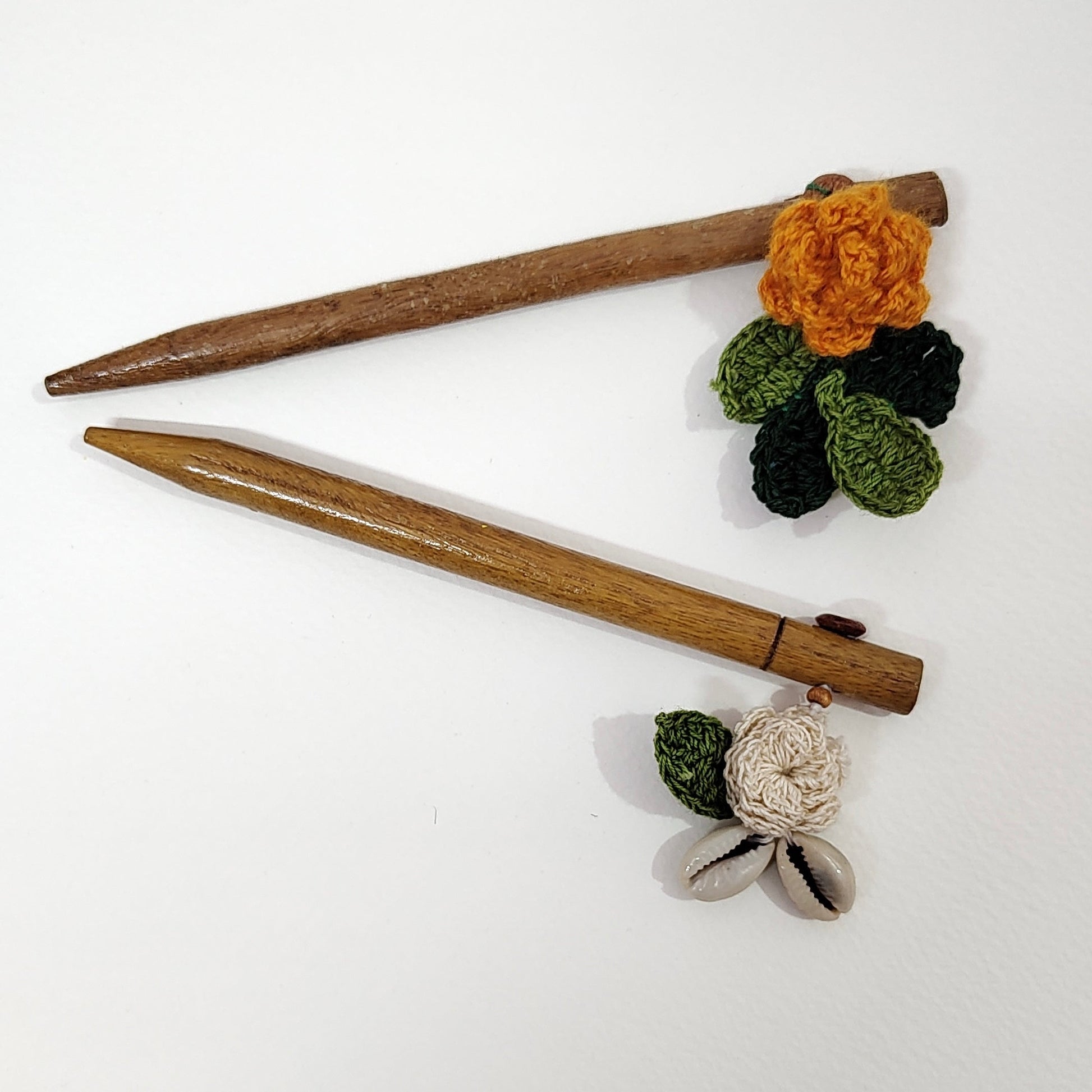 Wooden Hair Stick Orange And Off White by Ikriit'm with Cotton Yarn, Free Size, Hair Stick, Ikriit'm, Made from Natural Materials, Off White, Orange, Women Led Designer at Kamakhyaa for sustainable fashion